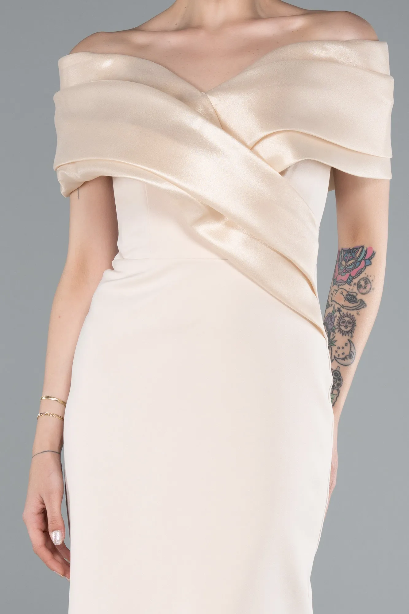 Beige-Satin Boat Neck Long Mermaid Dress ABU4731