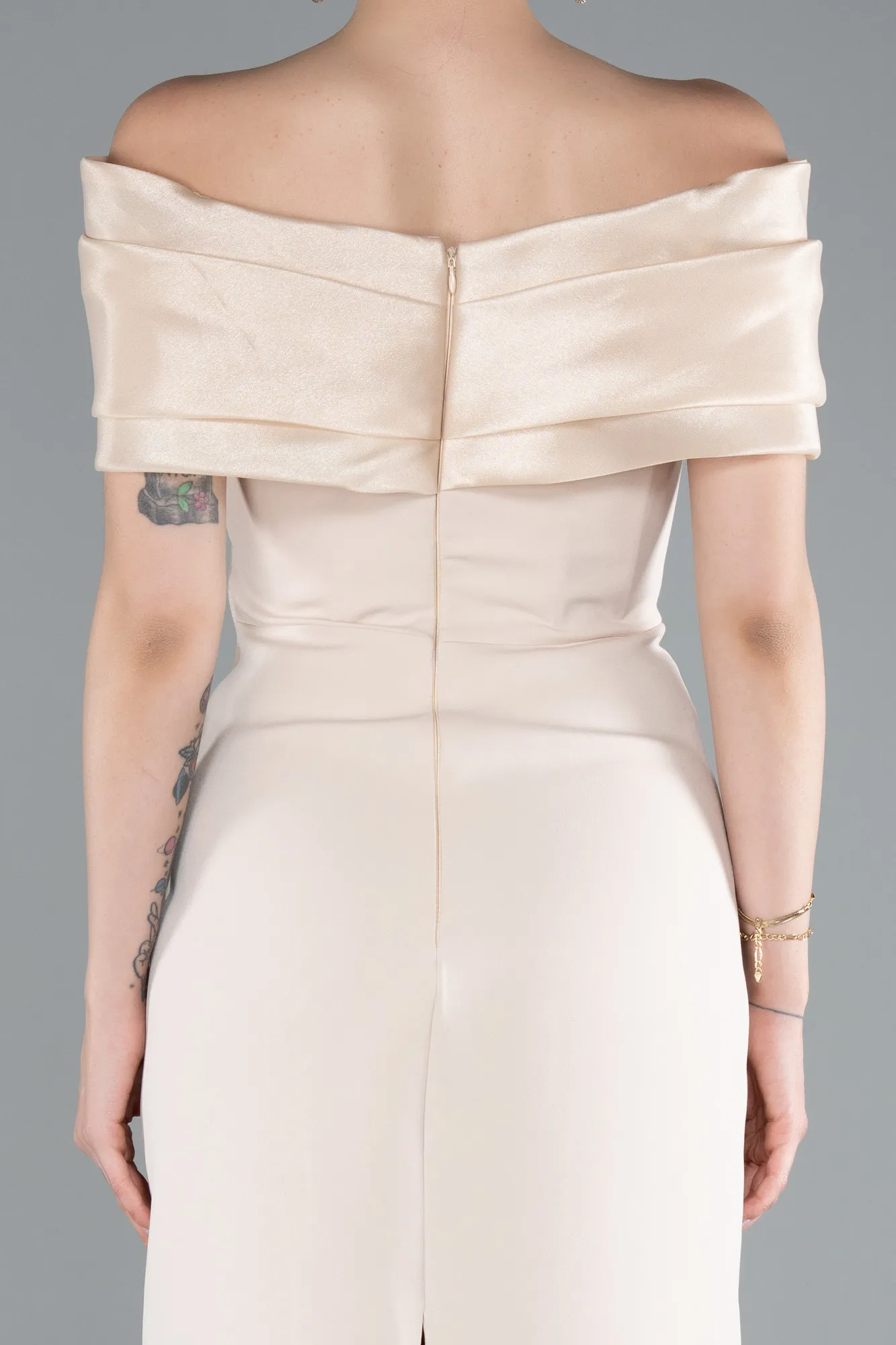 Beige-Satin Boat Neck Long Mermaid Dress ABU4731