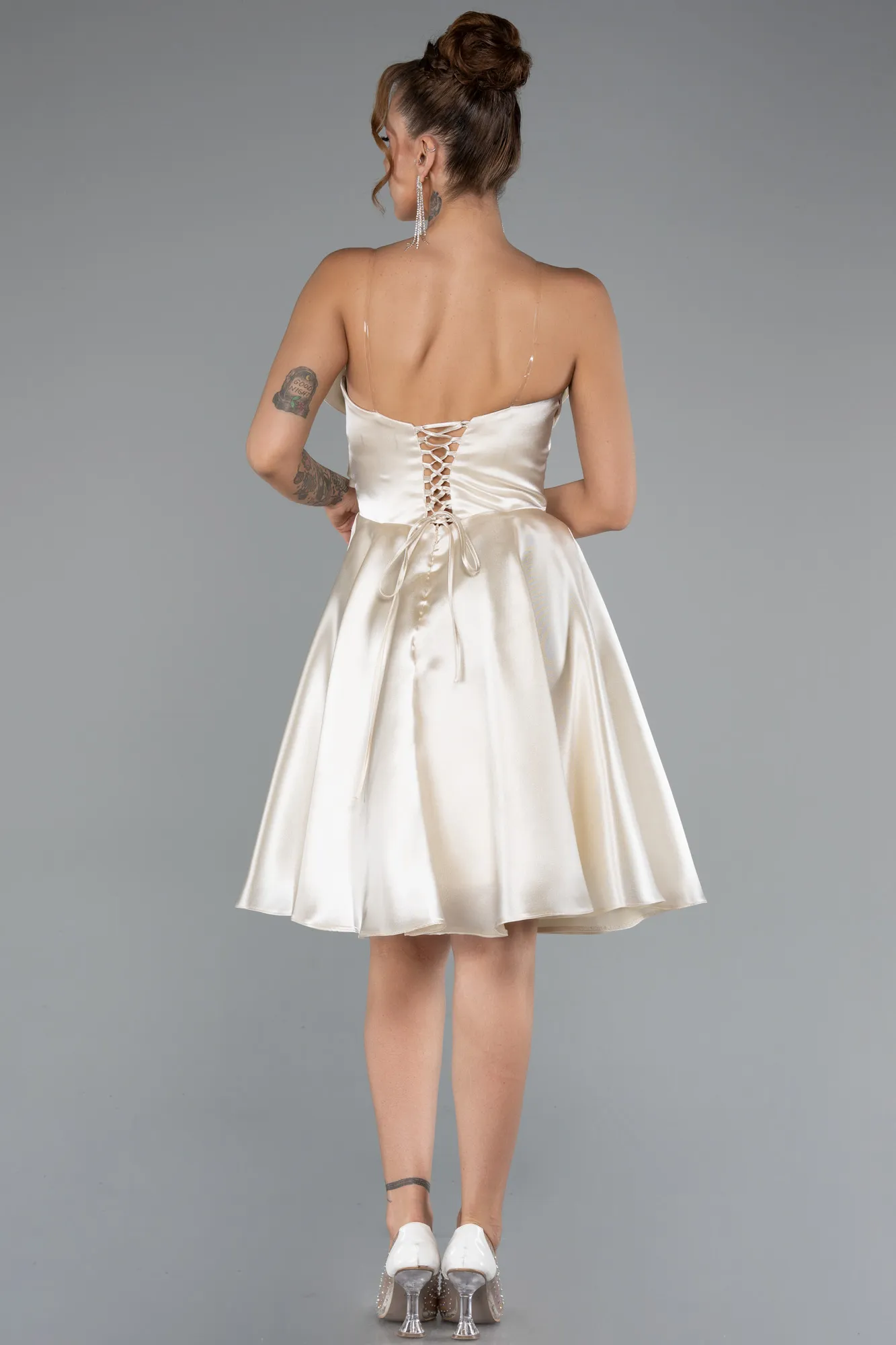 Beige-Short Satin Cocktail Dress ABK2394