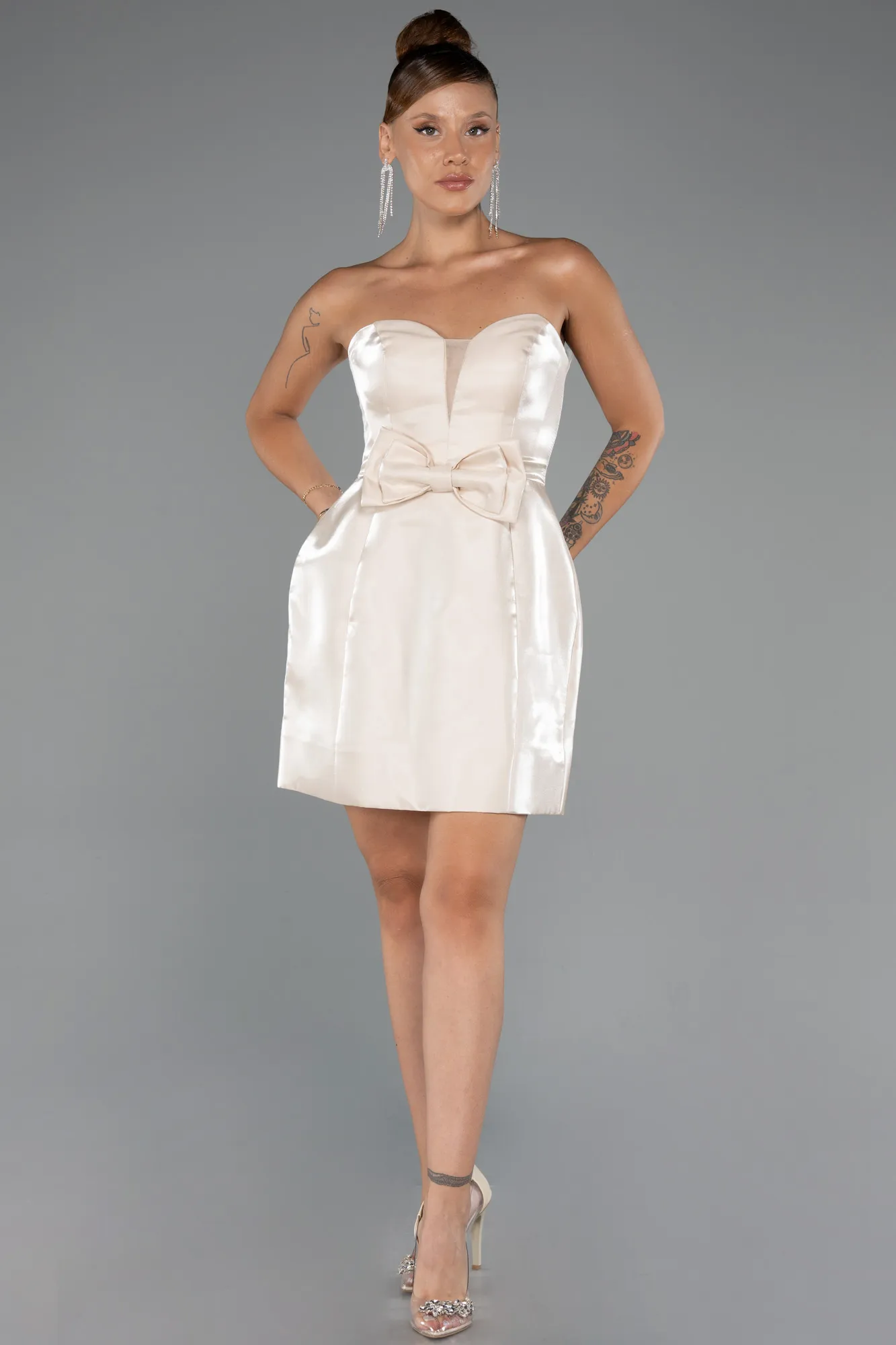 Beige-Short Satin Party Dress ABK2439