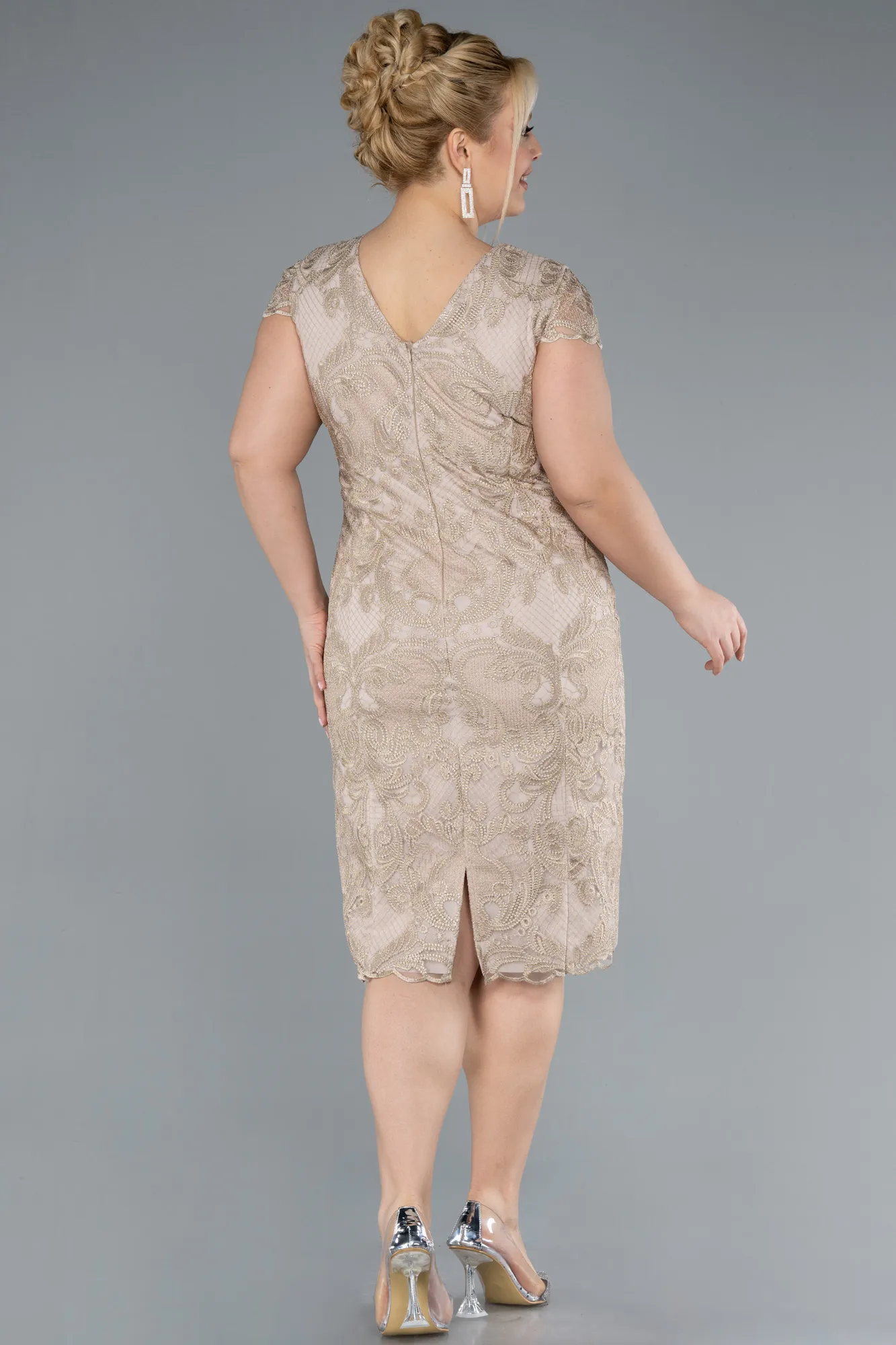 Beige-Short Sleeve Guipure Midi Plus Size Invitation Dress ABK2229
