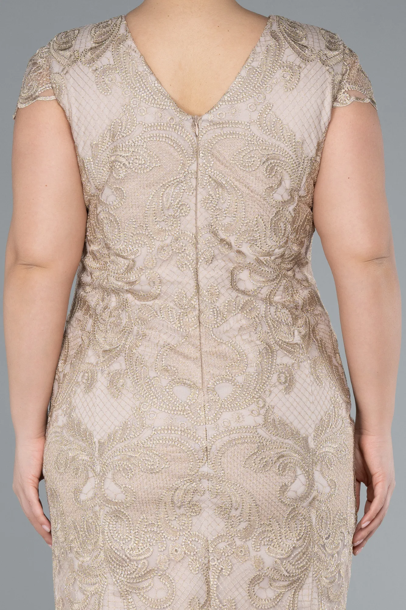 Beige-Short Sleeve Guipure Midi Plus Size Invitation Dress ABK2229