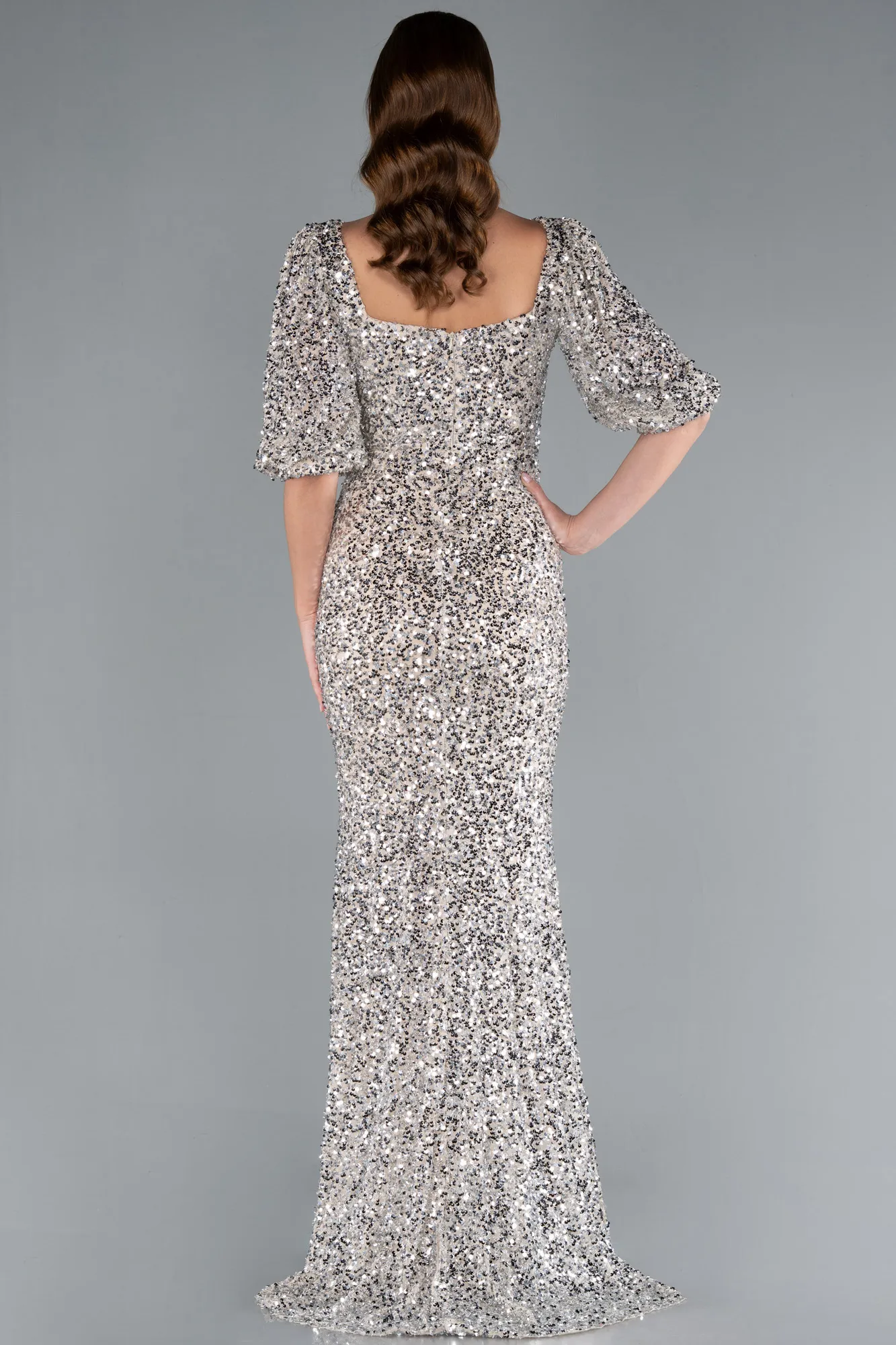 Beige-Short Sleeve Square Neck Slit Long Scaly Evening Gown ABU4848