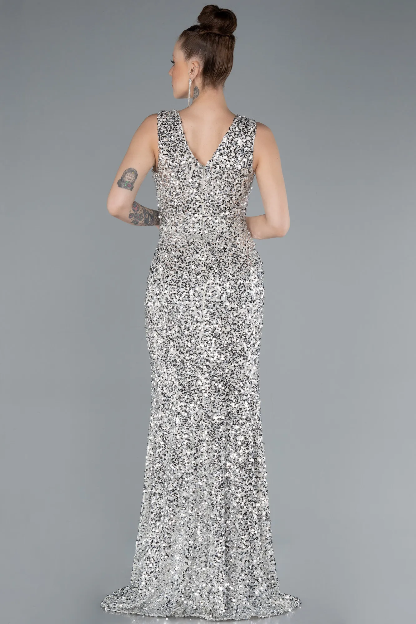 Beige-Sleeveless Slit Long Sequin Evening Gown ABU4672