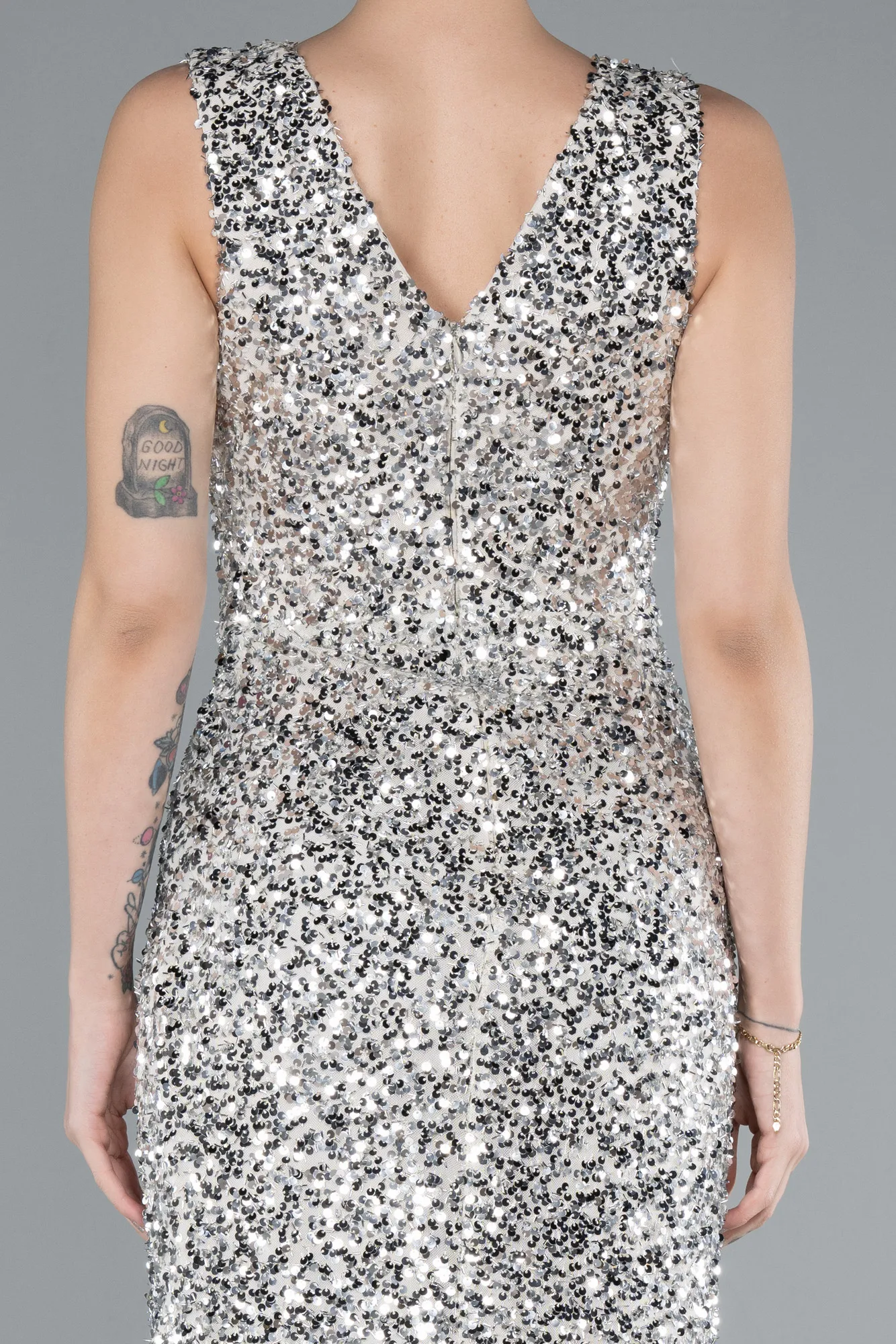 Beige-Sleeveless Slit Long Sequin Evening Gown ABU4672