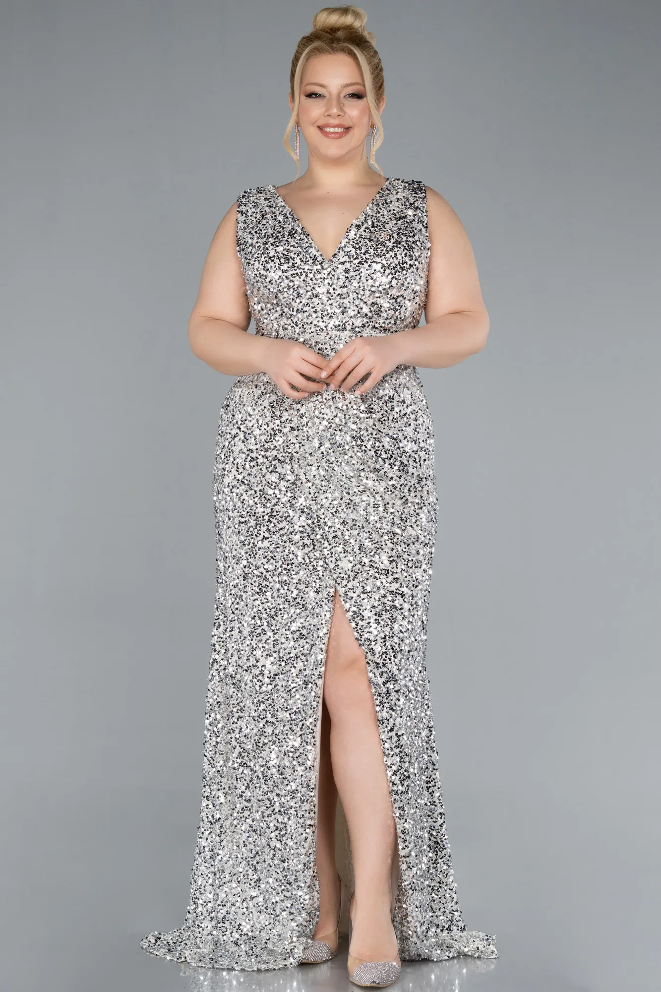 Beige-Sleeveless Slit Long Sequin Plus Size Evening Gown ABU4673