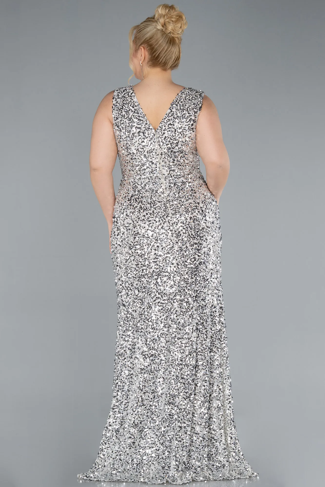 Beige-Sleeveless Slit Long Sequin Plus Size Evening Gown ABU4673