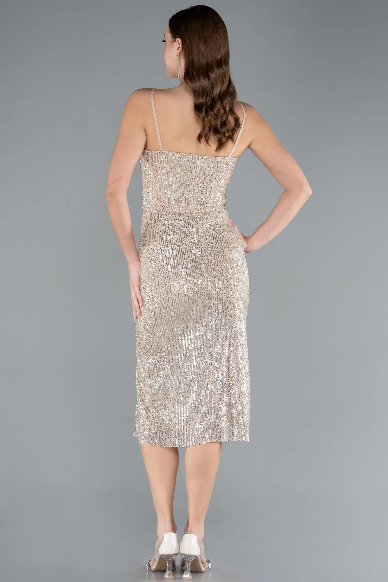Beige-Sleeveless Slit Midi Sequin Party Dress ABK2286