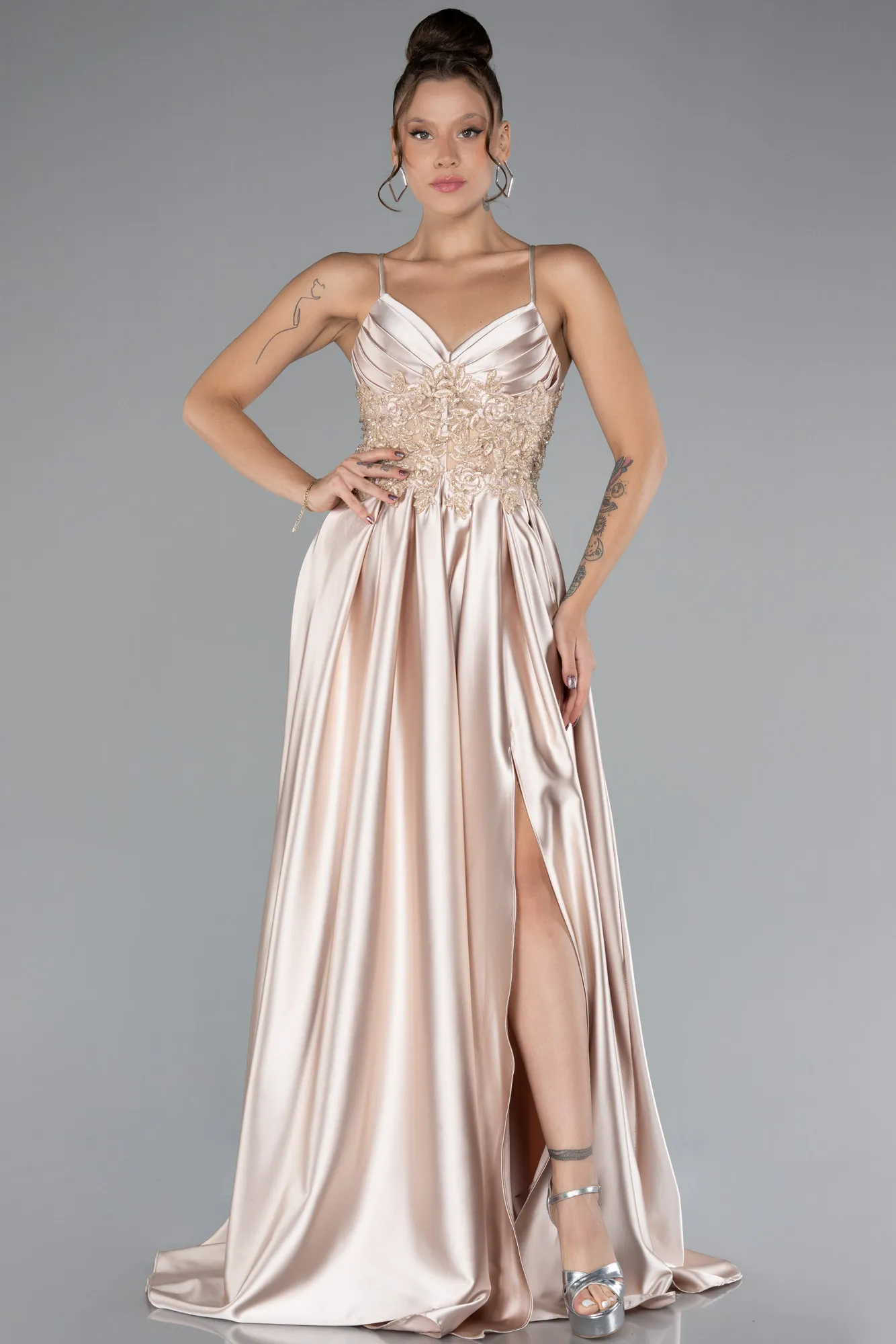 Beige-Srappy Long Satin Prom Gown ABU4133