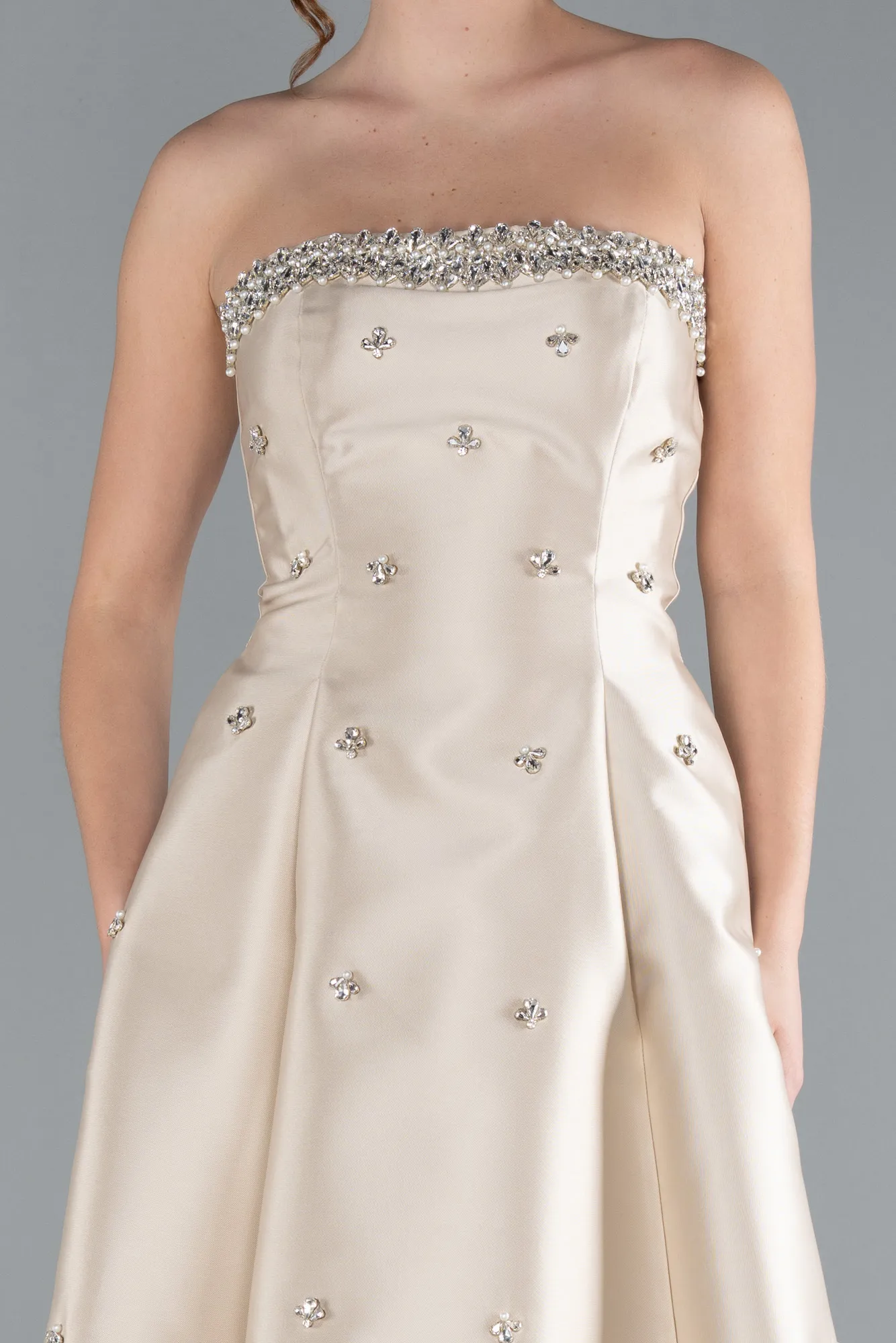 Beige-Stoned Strapless Long Taffeta Evening Dress ABU4743