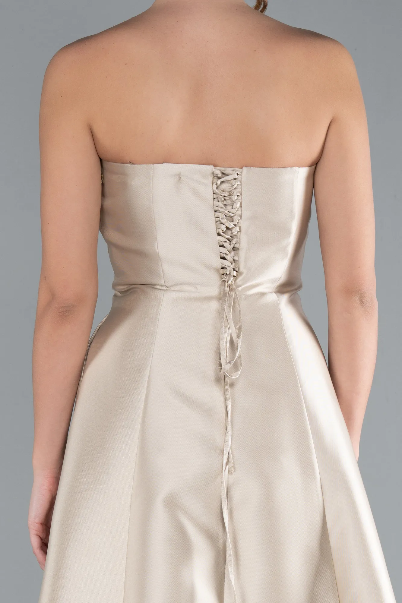 Beige-Stoned Strapless Long Taffeta Evening Dress ABU4743