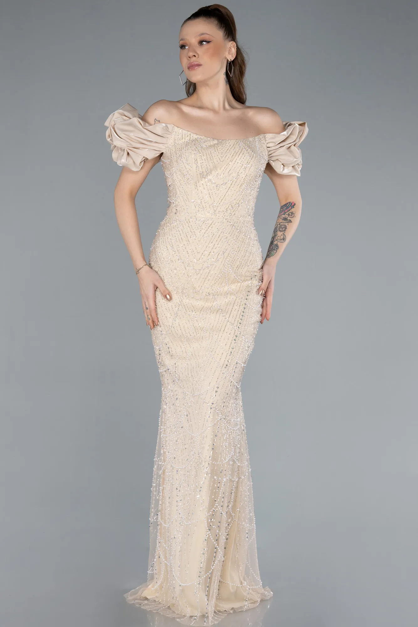 Beige-Stoned Strapless Sleeve Accessories Long Mermaid Evening Gown ABU4509