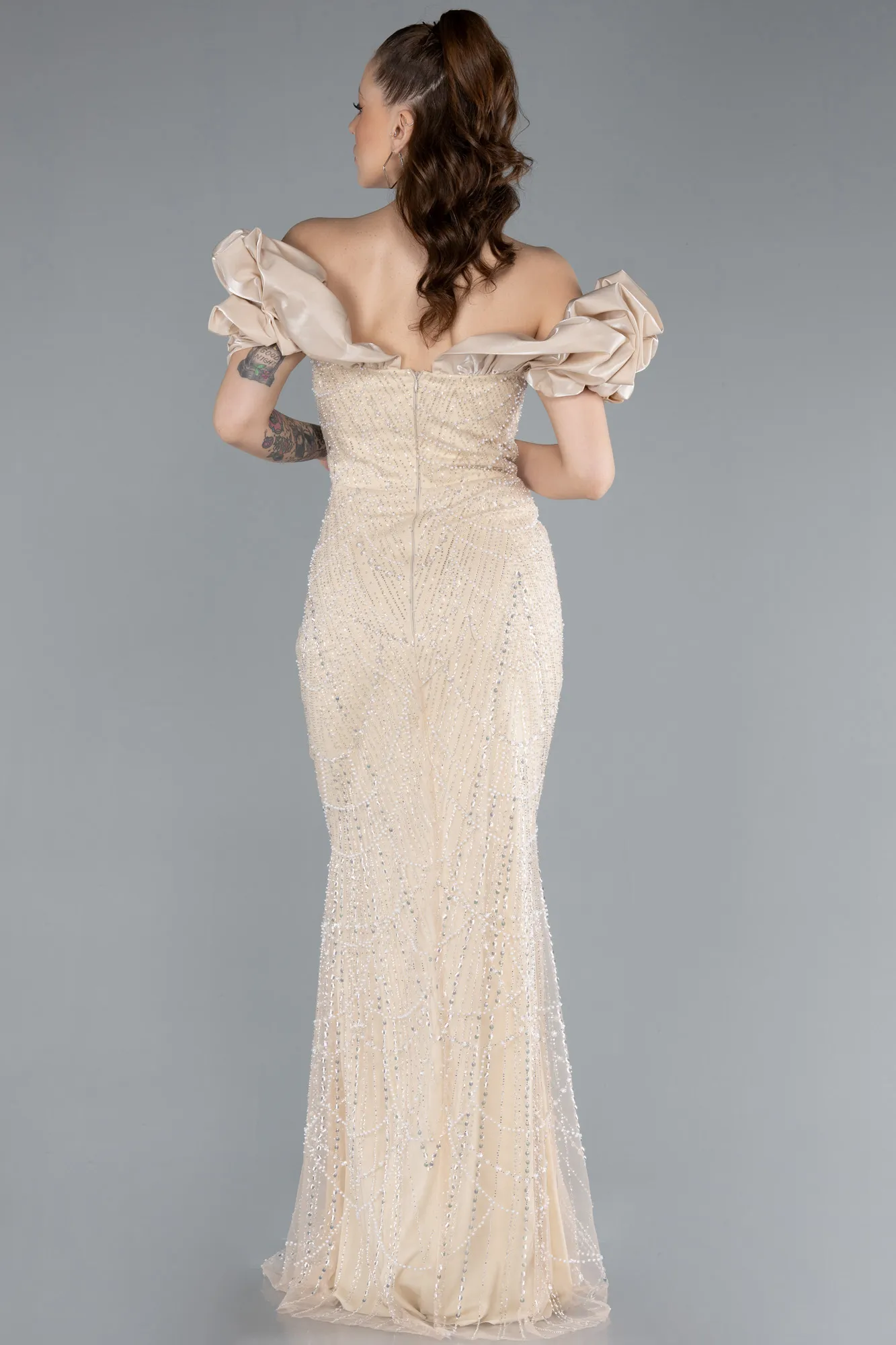 Beige-Stoned Strapless Sleeve Accessories Long Mermaid Evening Gown ABU4509