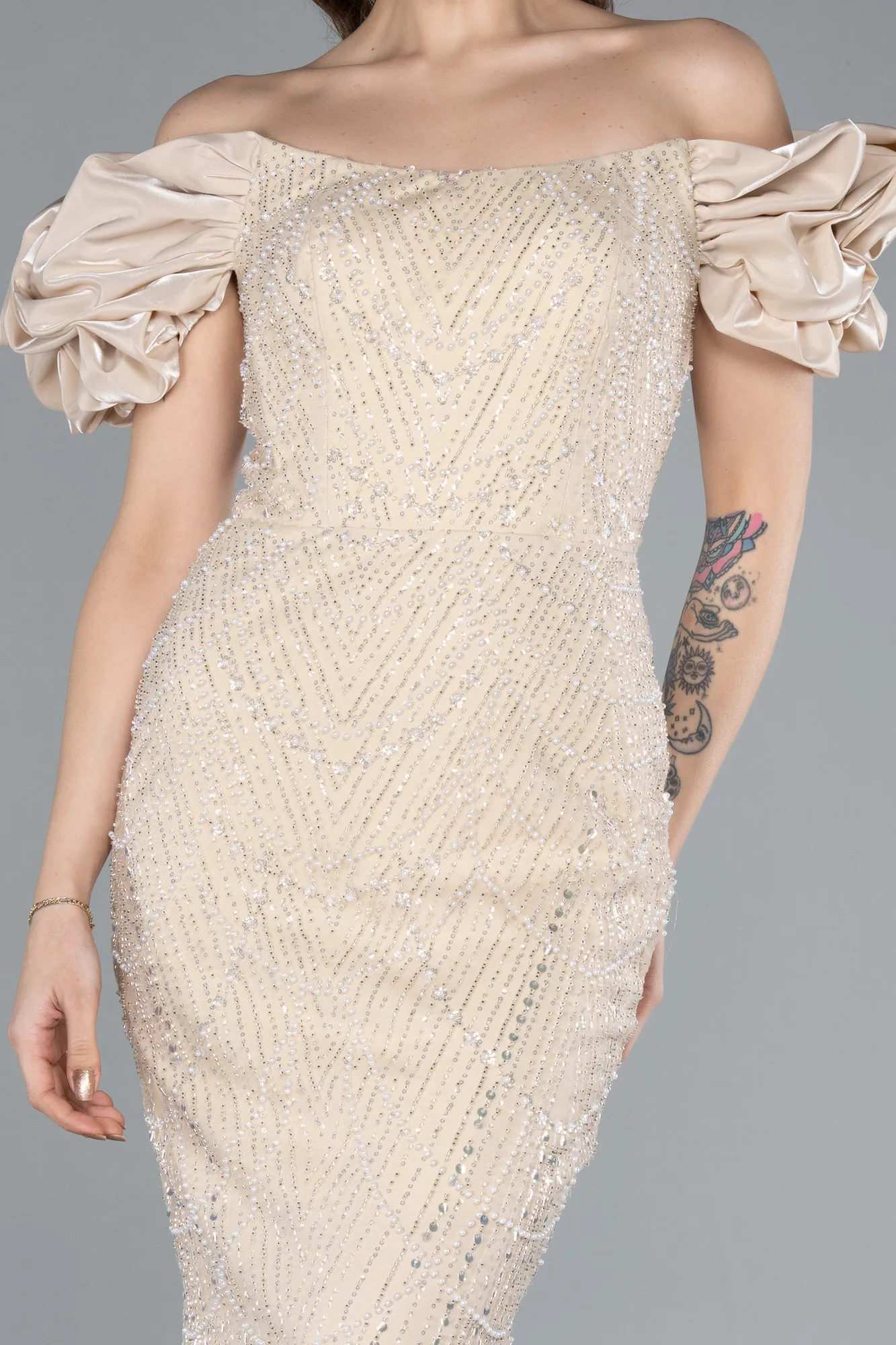 Beige-Stoned Strapless Sleeve Accessories Long Mermaid Evening Gown ABU4509