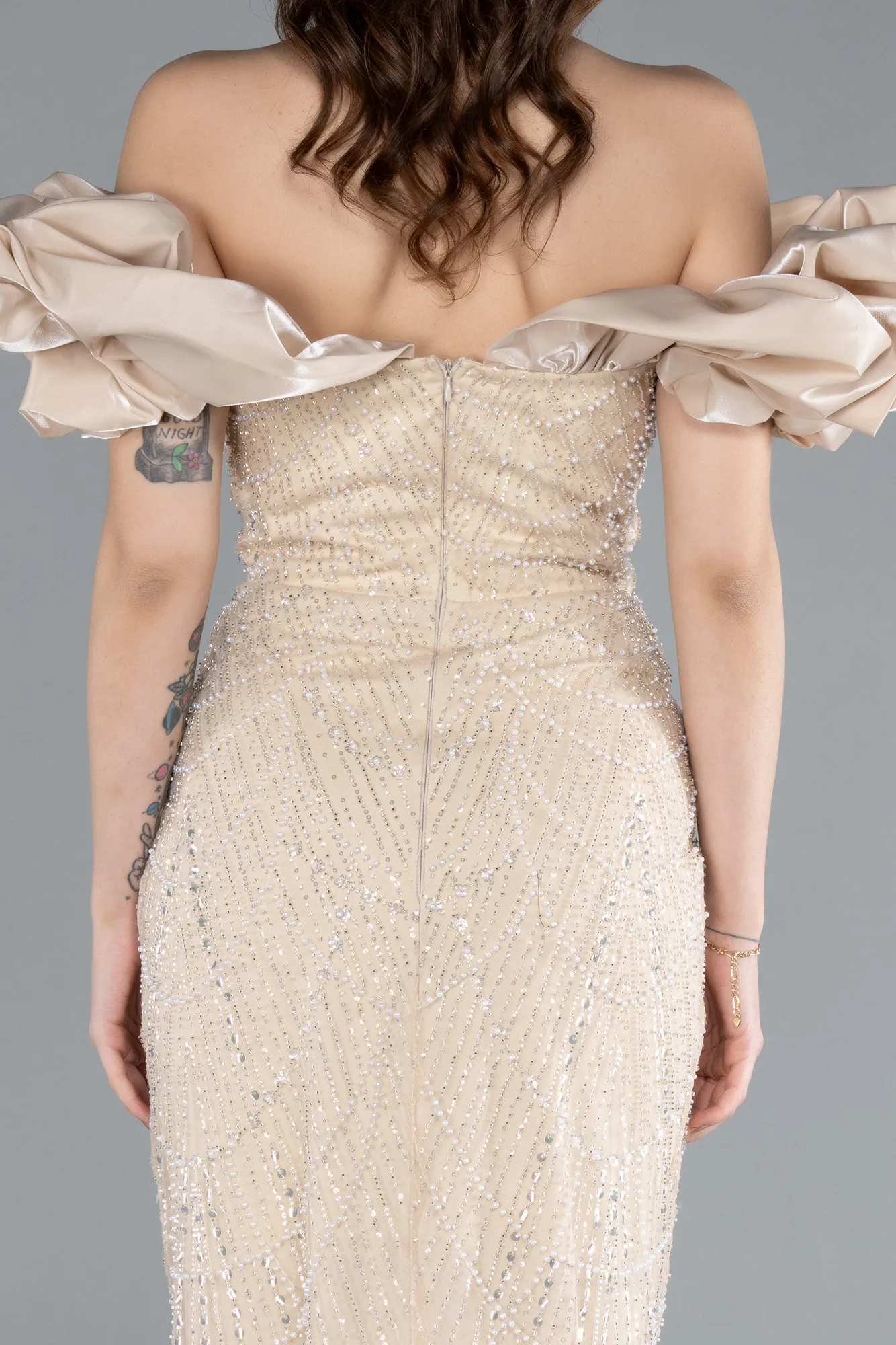 Beige-Stoned Strapless Sleeve Accessories Long Mermaid Evening Gown ABU4509