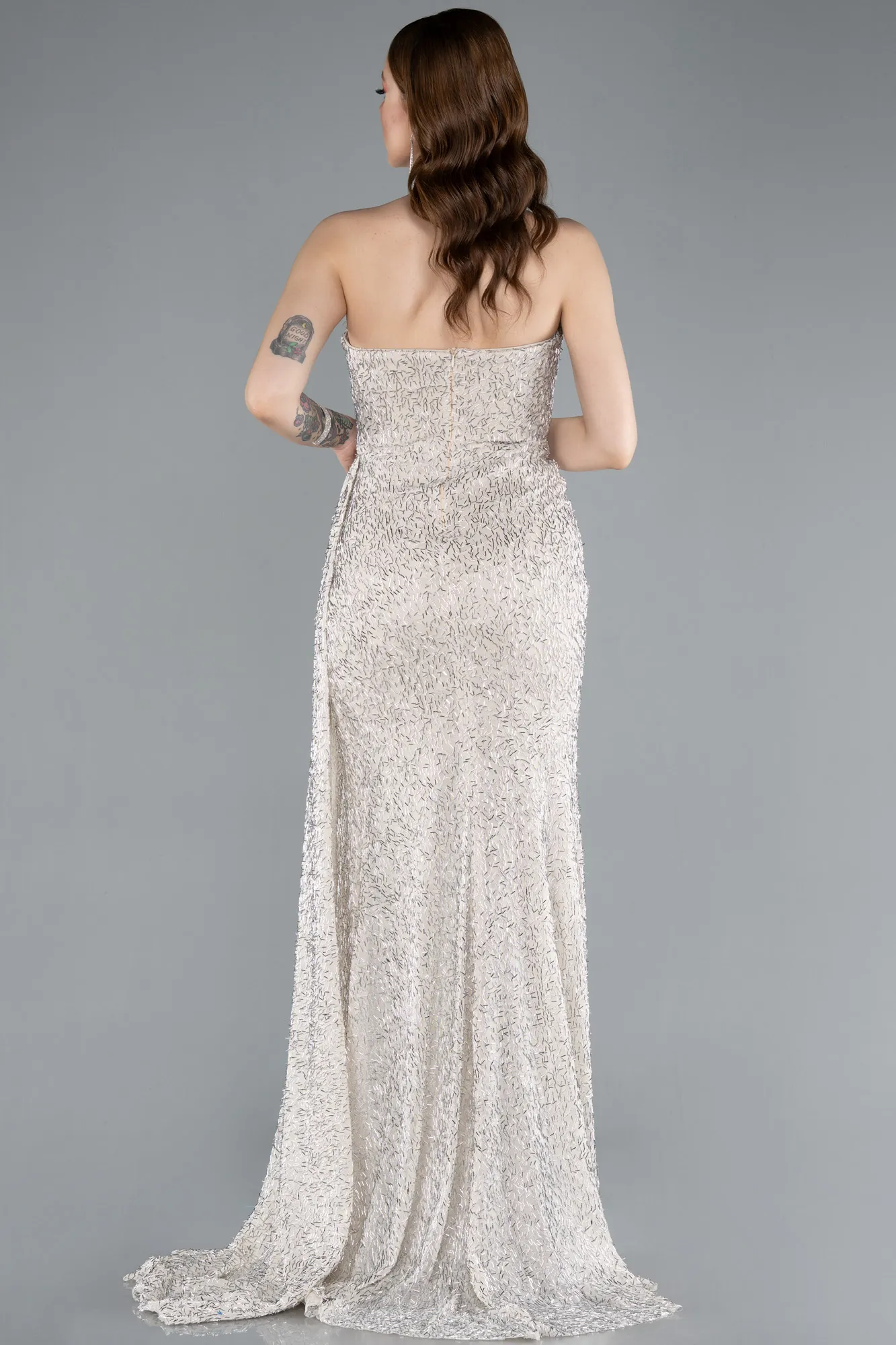 Beige-Strapless Beaded Slit Long Evening Gown ABU4871