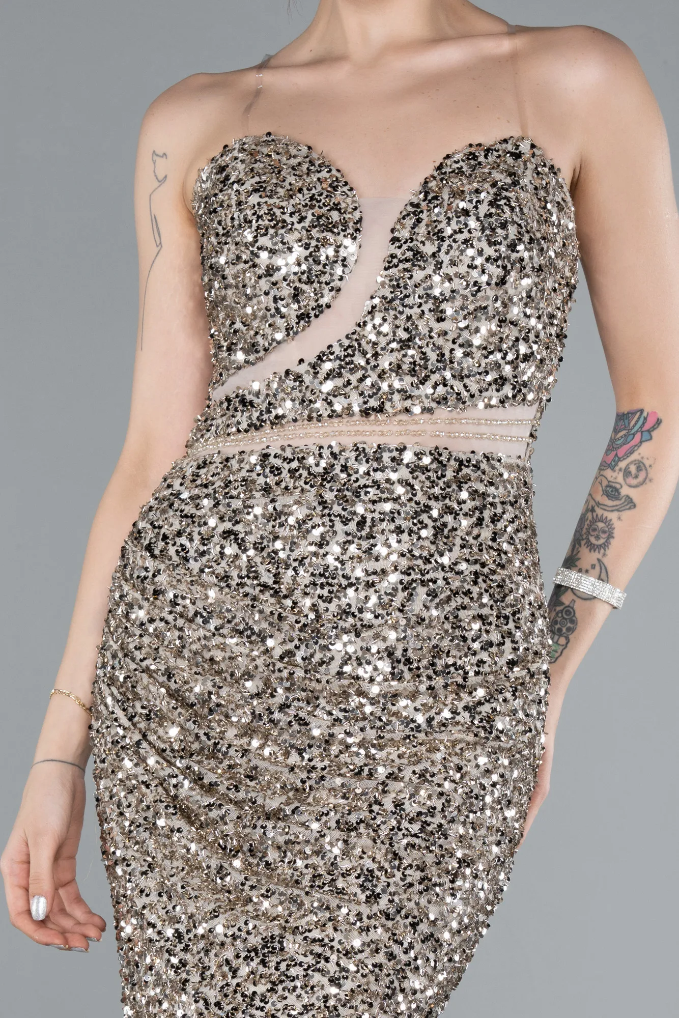 Beige-Strapless Long Scaly Mermaid Evening Gown ABU4816