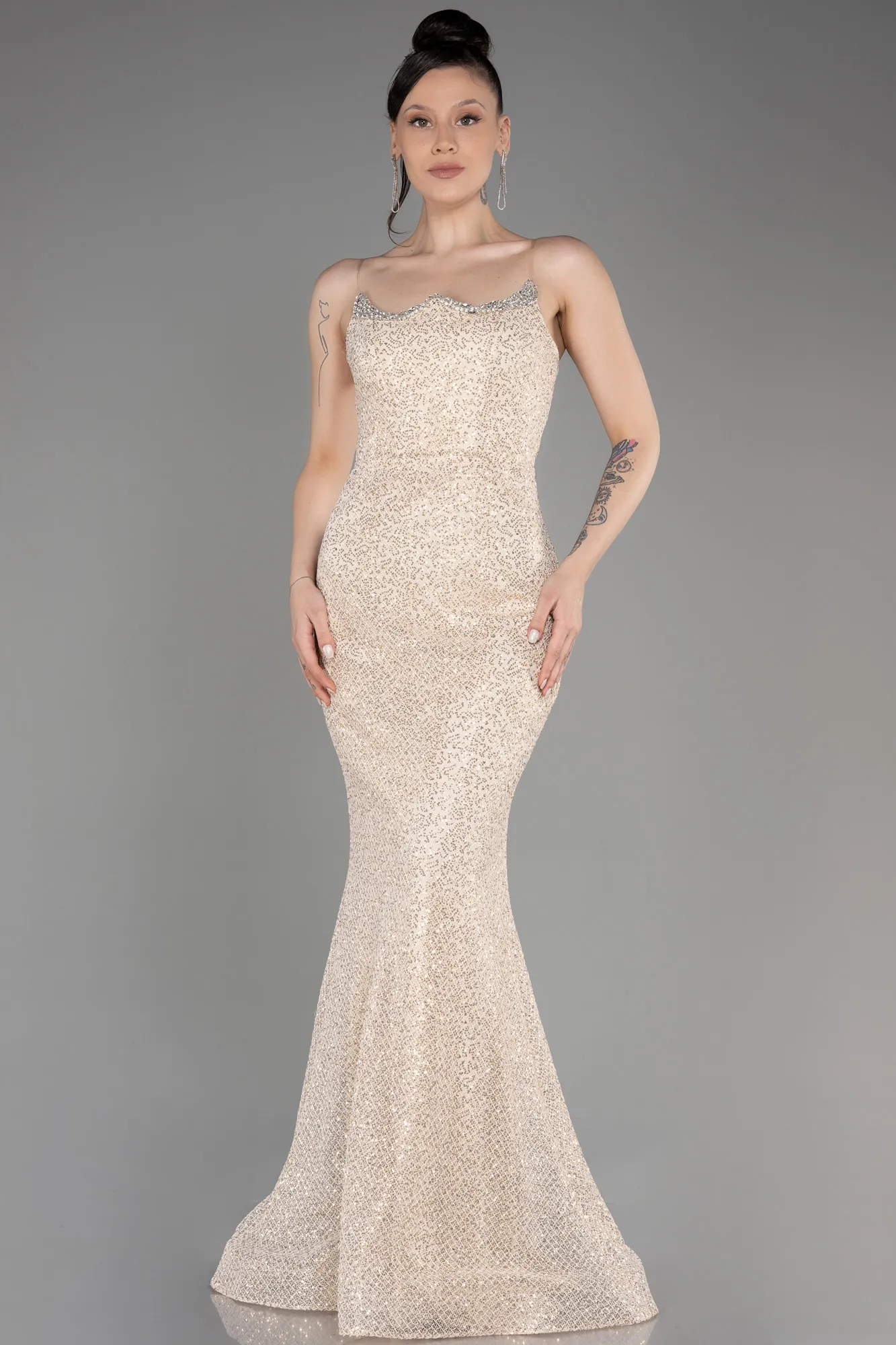 Beige-Strapless Scaly Long Mermaid Evening Dress ABU3850