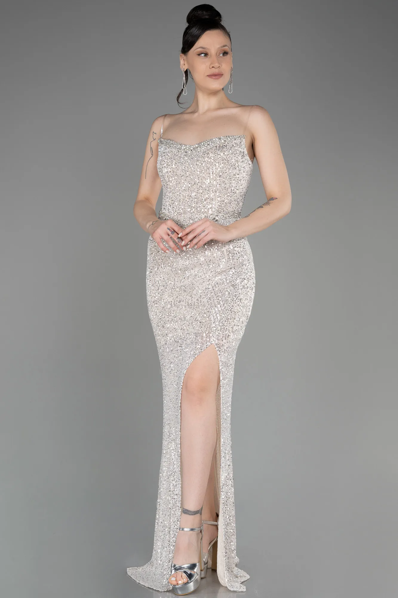 Beige-Strapless Sequined Long Mermaid Evening Dress ABU3849