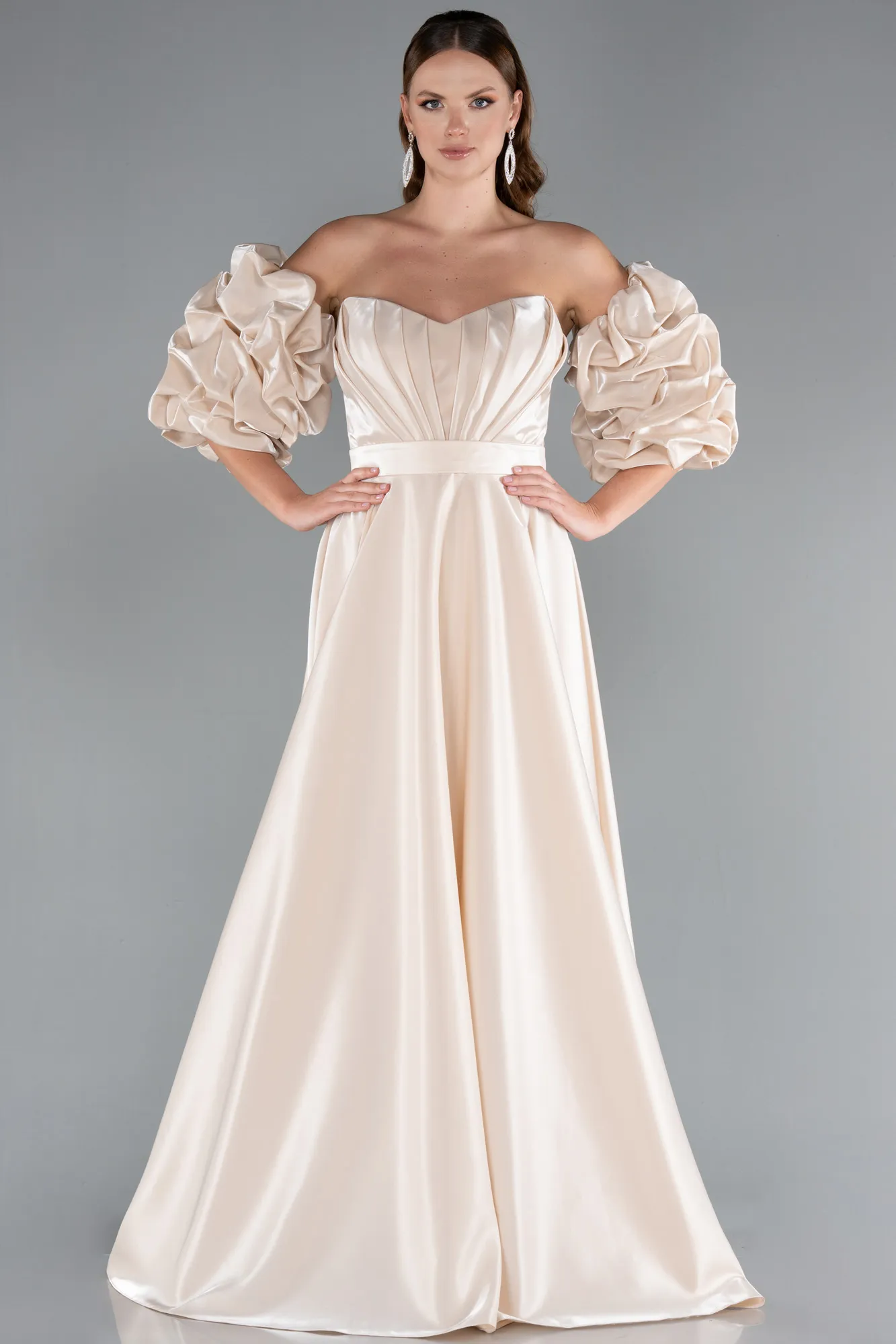 Beige-Strapless Sleeve Accessorized Long Taffeta Prom Dress ABU4845