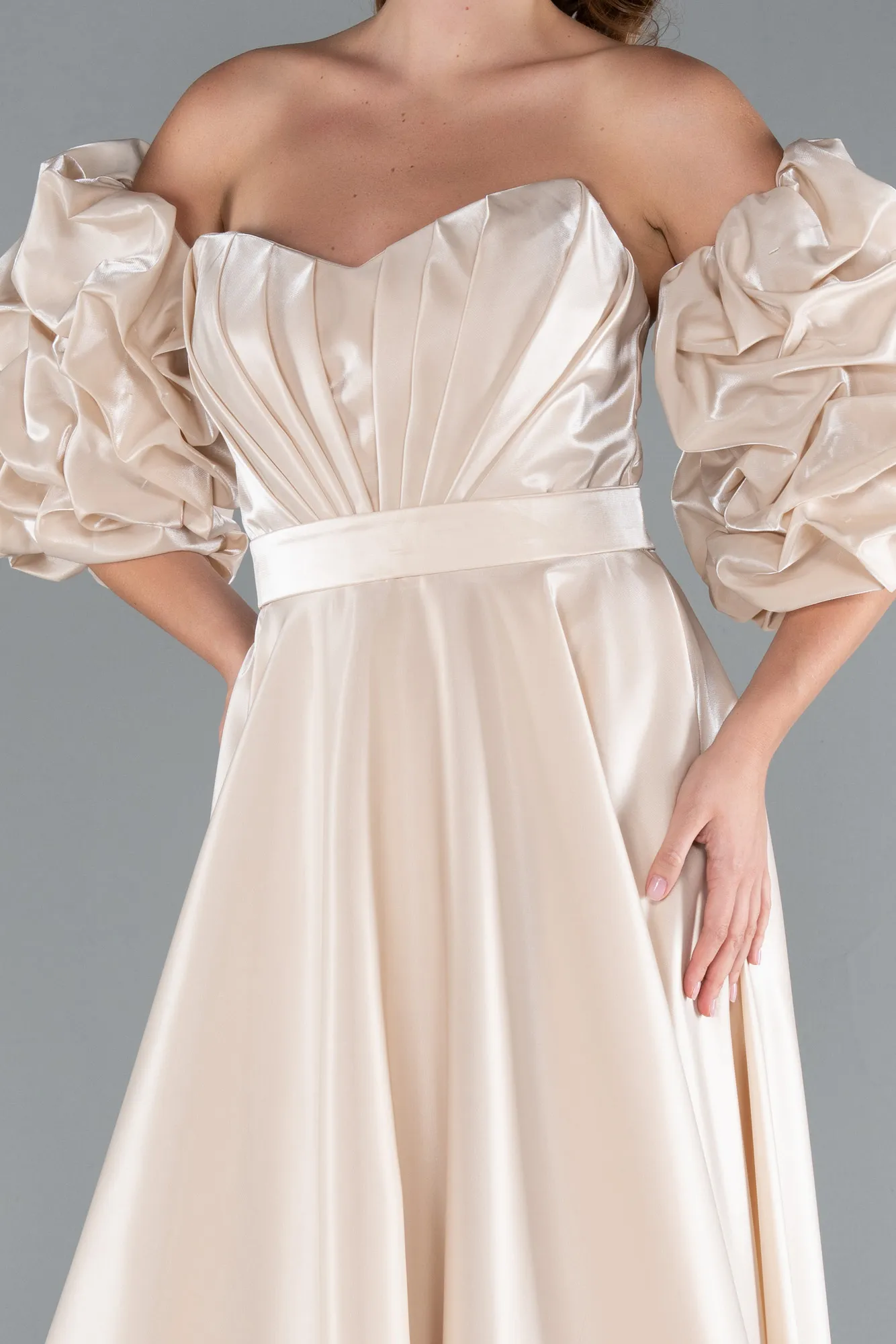 Beige-Strapless Sleeve Accessorized Long Taffeta Prom Dress ABU4845