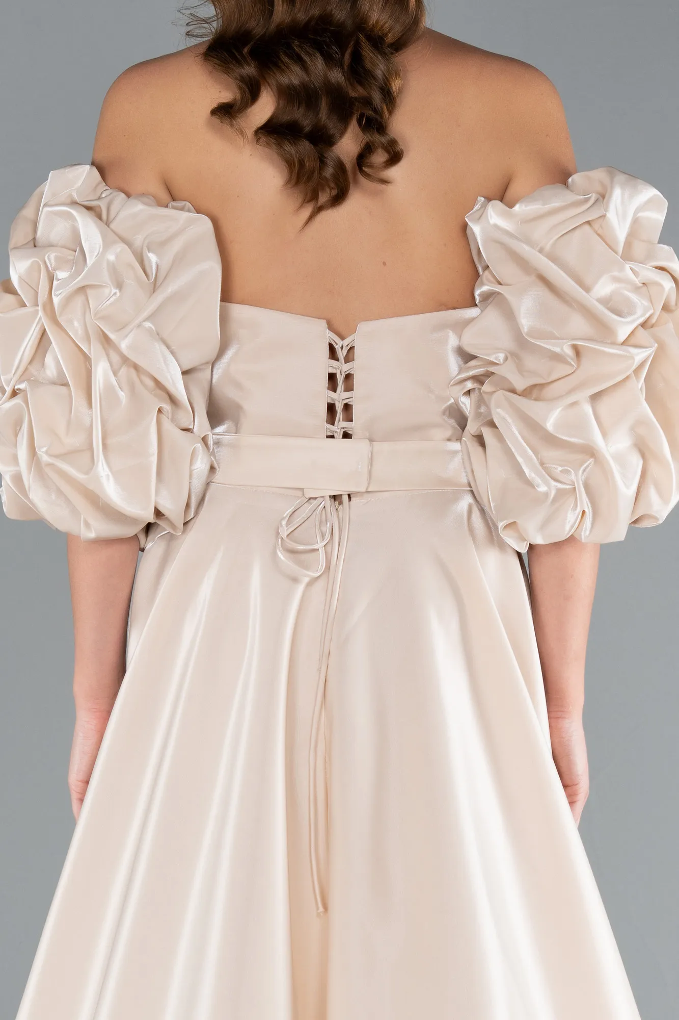 Beige-Strapless Sleeve Accessorized Long Taffeta Prom Dress ABU4845