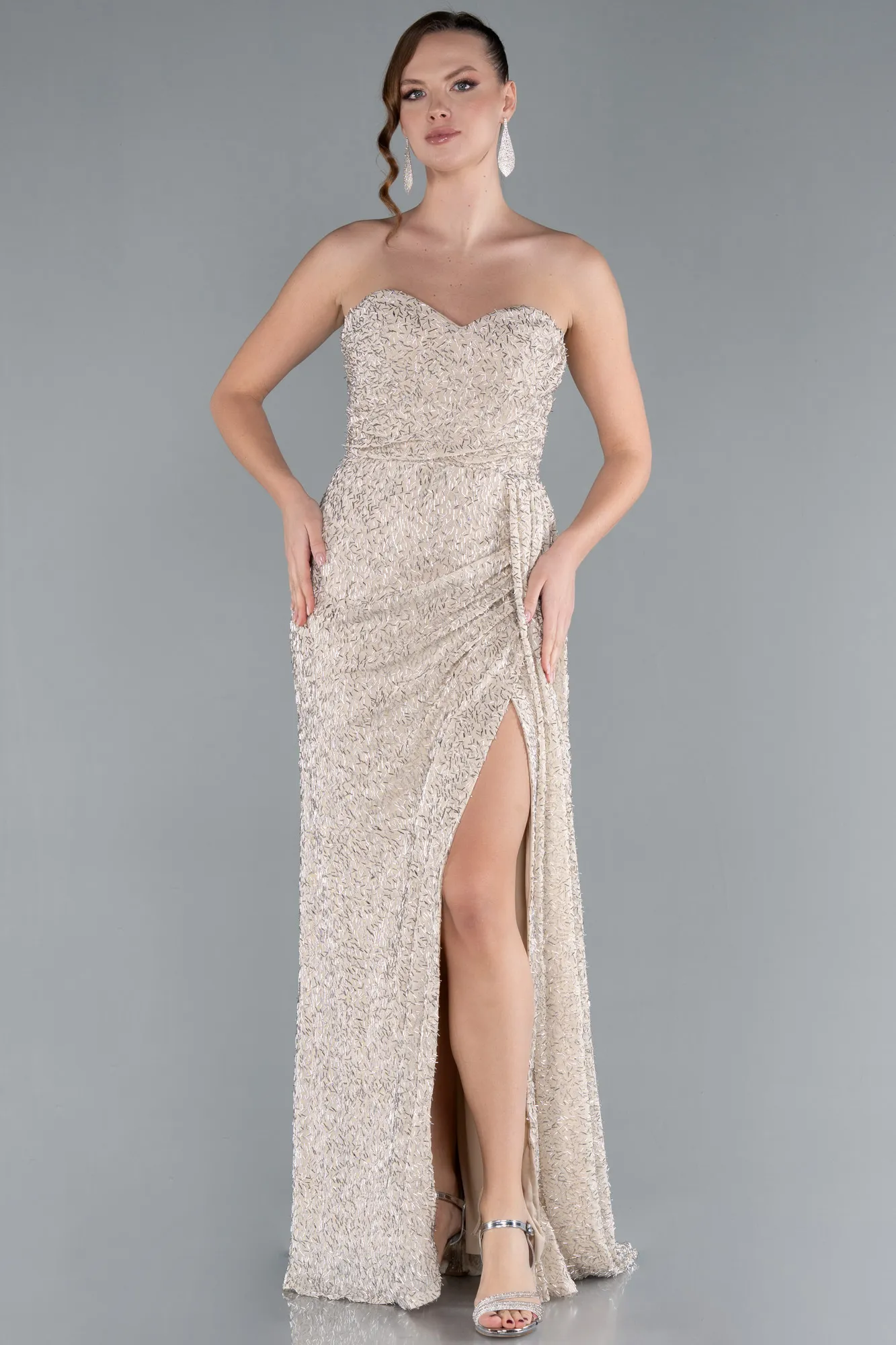 Beige-Strapless Slit Long Beaded Evening Gown ABU4725