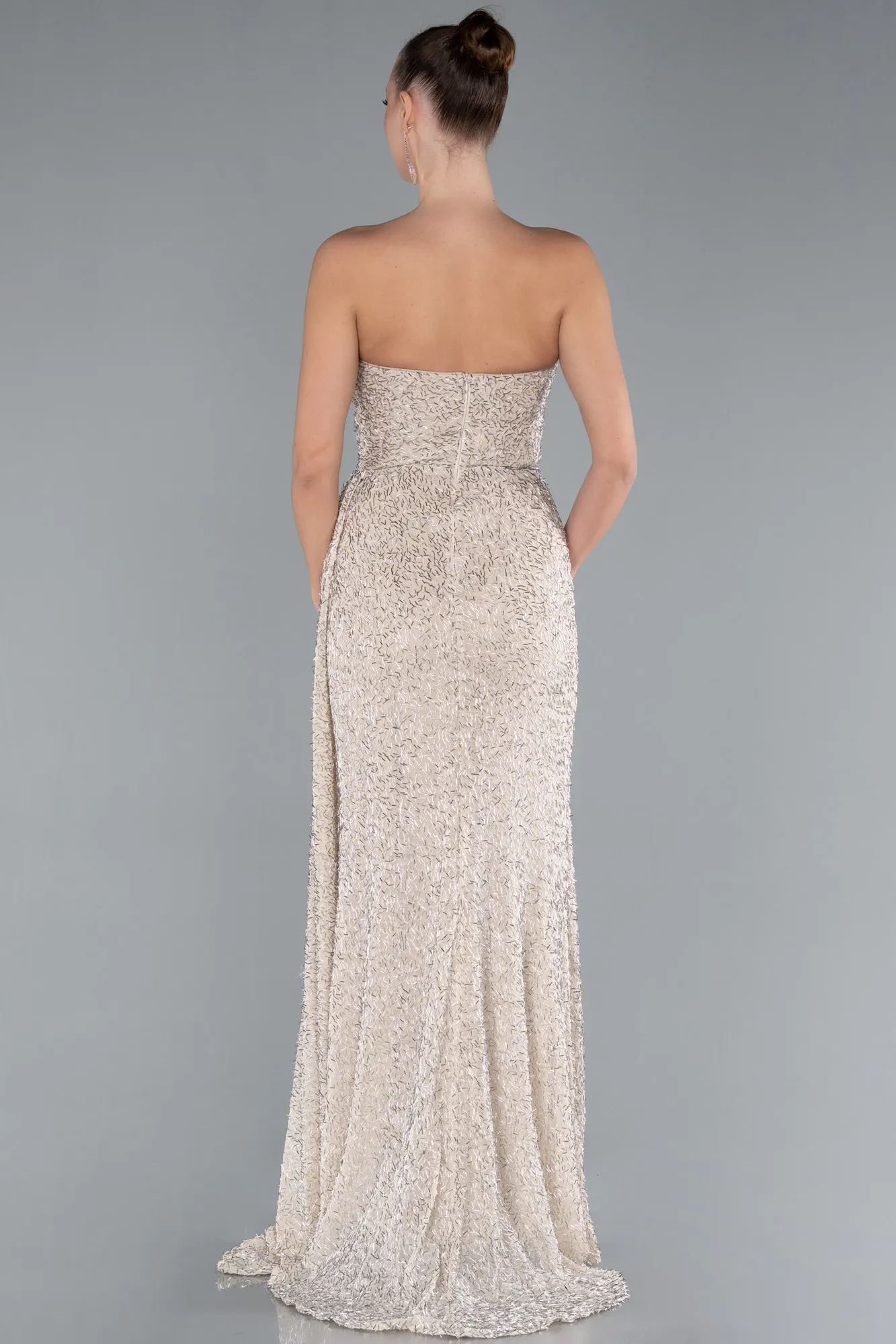 Beige-Strapless Slit Long Beaded Evening Gown ABU4725