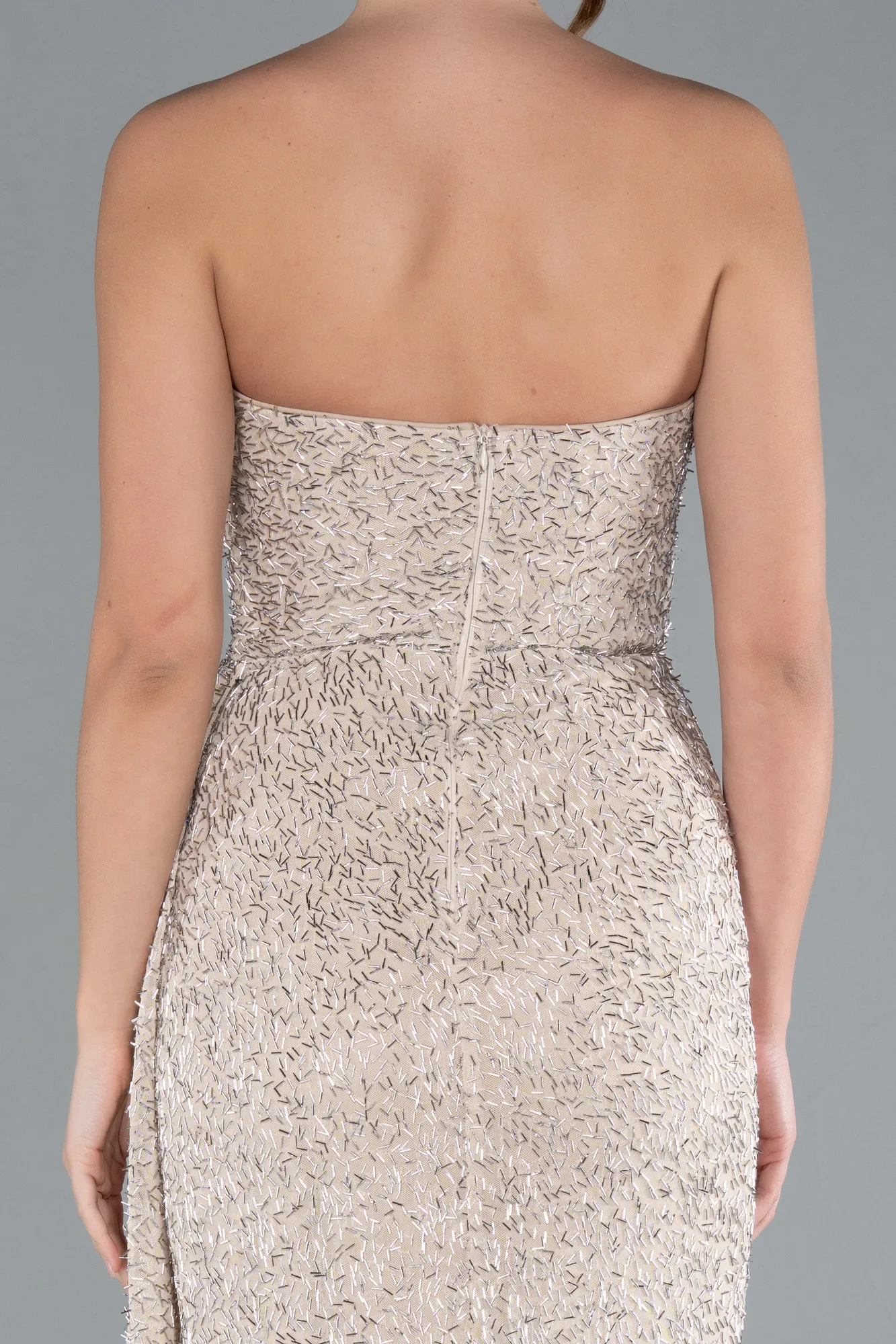 Beige-Strapless Slit Long Beaded Evening Gown ABU4725