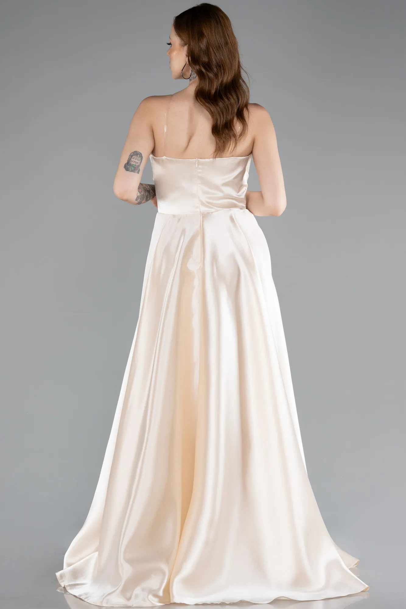 Beige-Strapless Slit Long Satin Prom Dress ABU4561