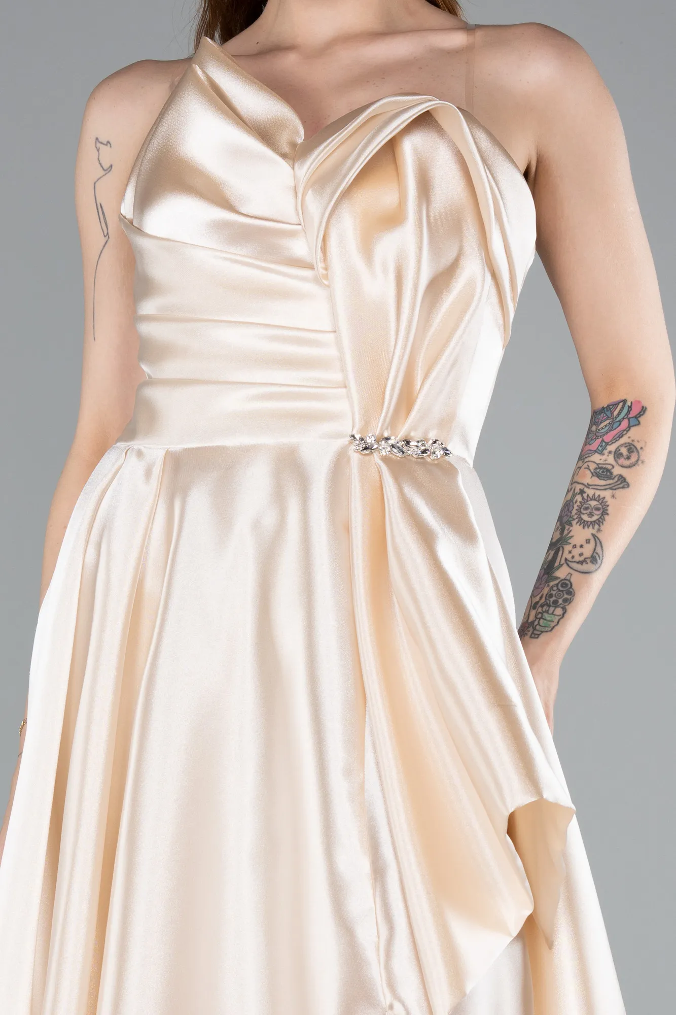 Beige-Strapless Slit Long Satin Prom Dress ABU4561