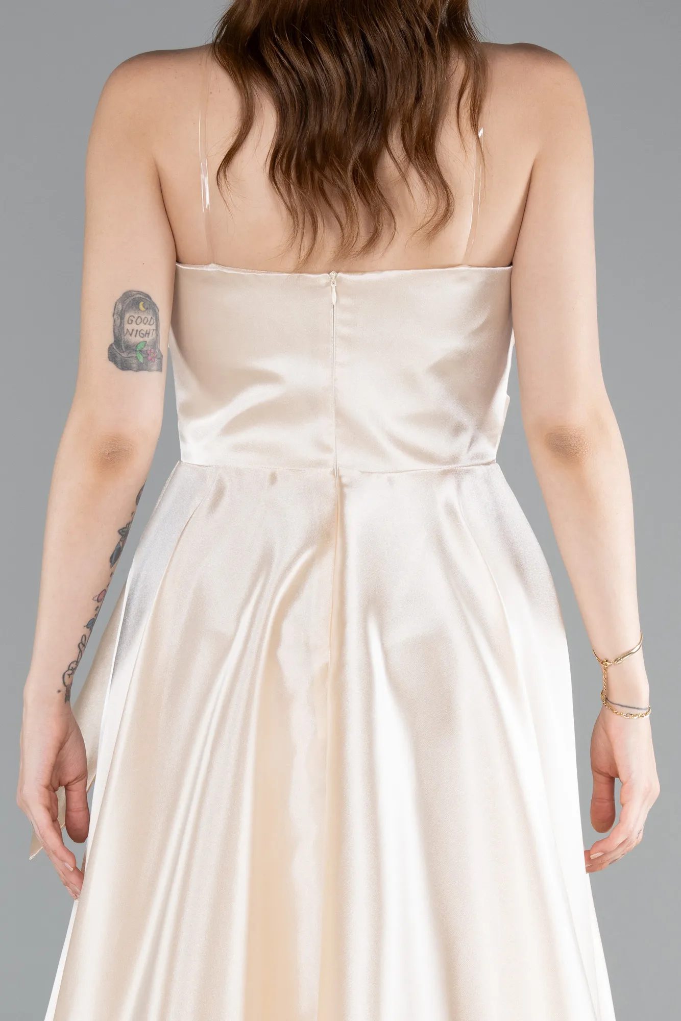 Beige-Strapless Slit Long Satin Prom Dress ABU4561