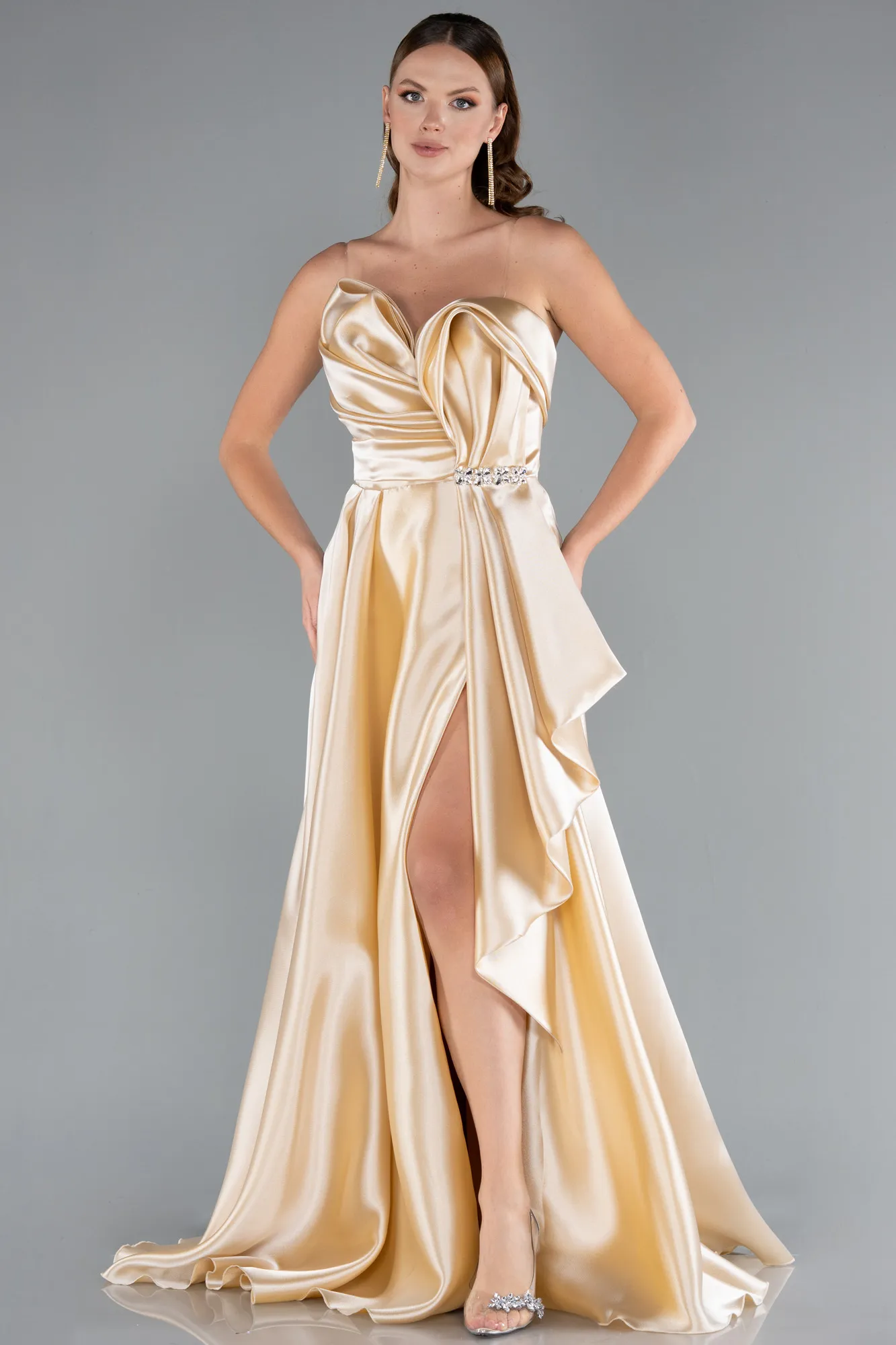 Beige-Strapless Slit Long Satin Prom Gown ABU4522