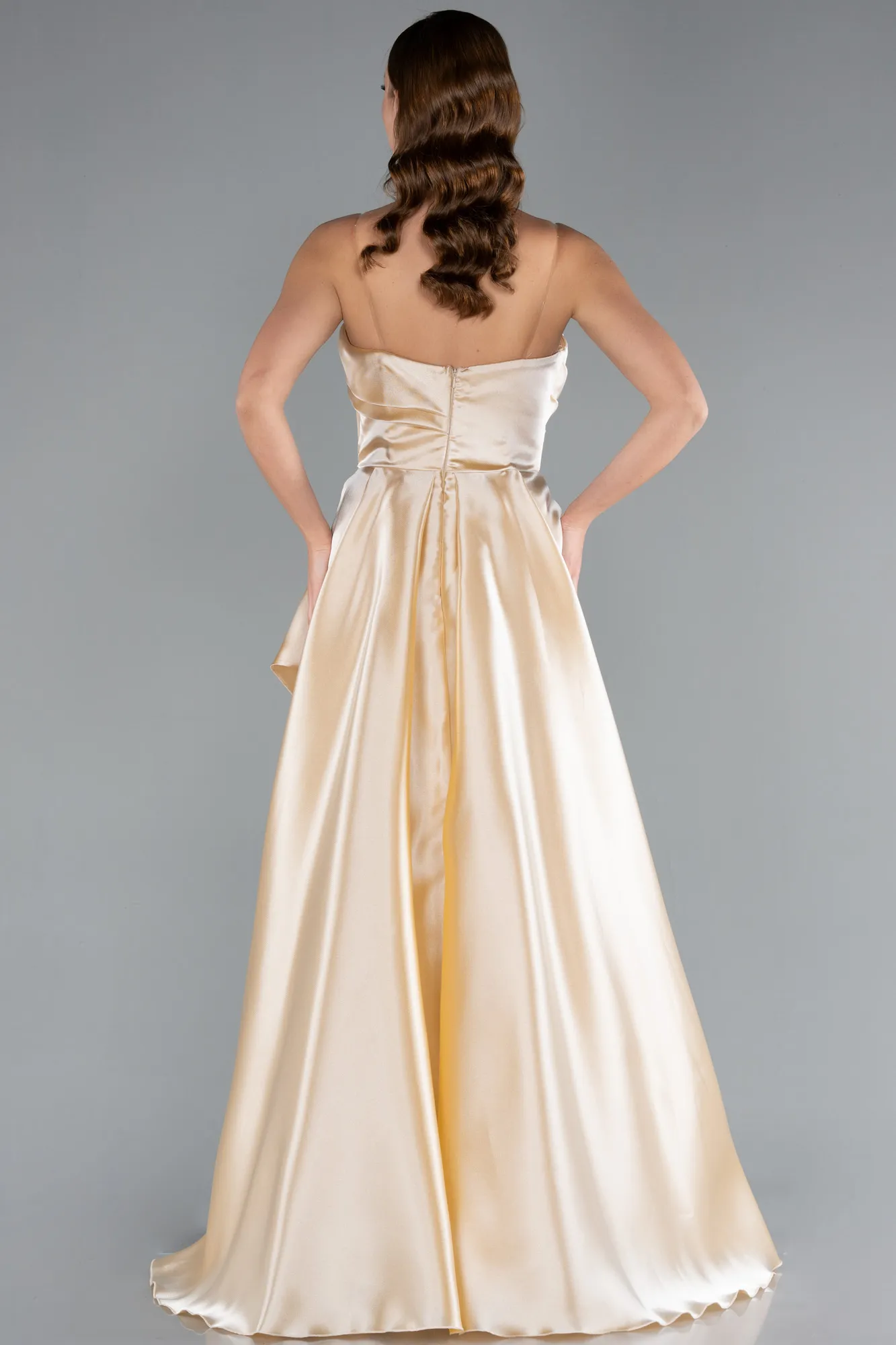 Beige-Strapless Slit Long Satin Prom Gown ABU4522