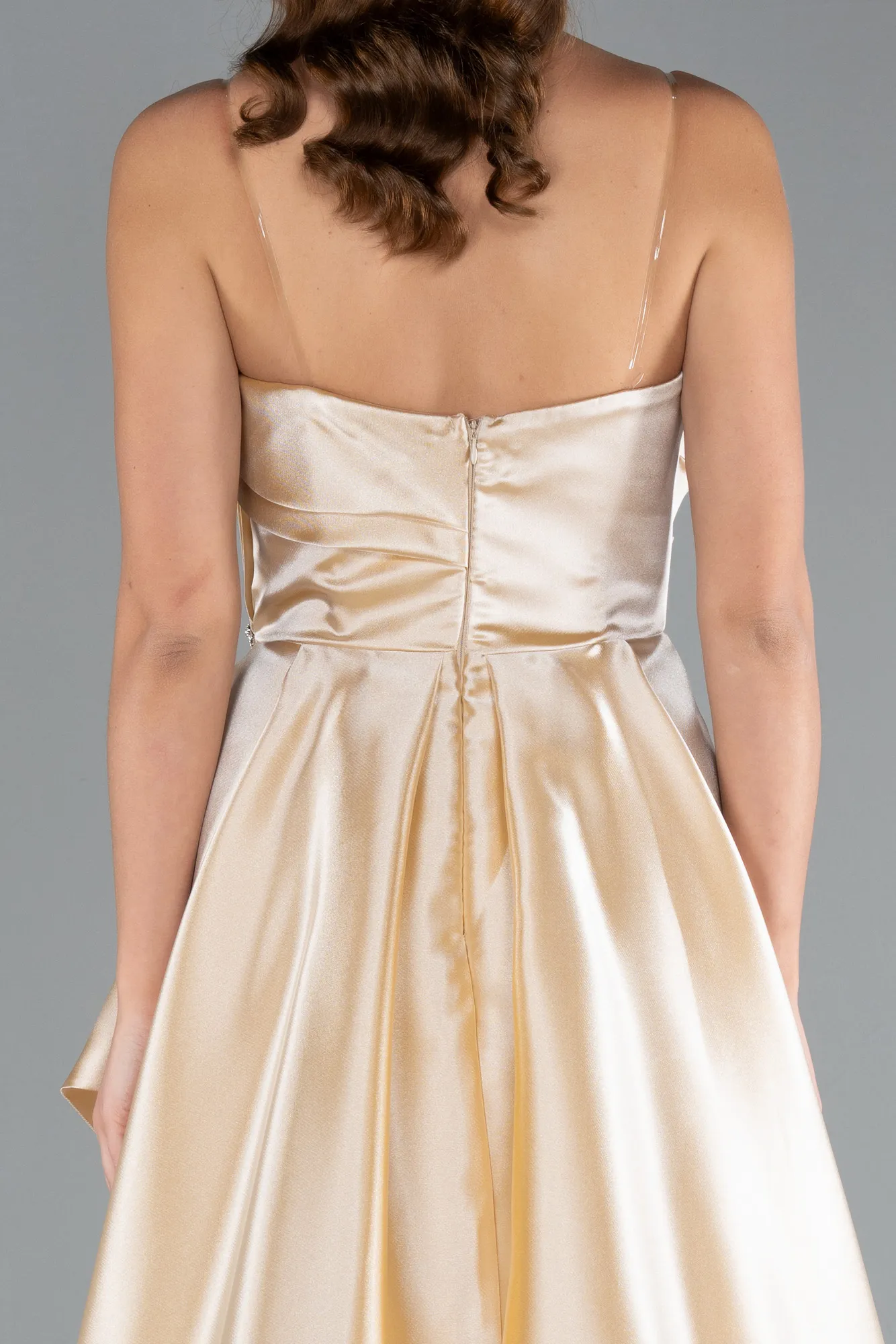 Beige-Strapless Slit Long Satin Prom Gown ABU4522