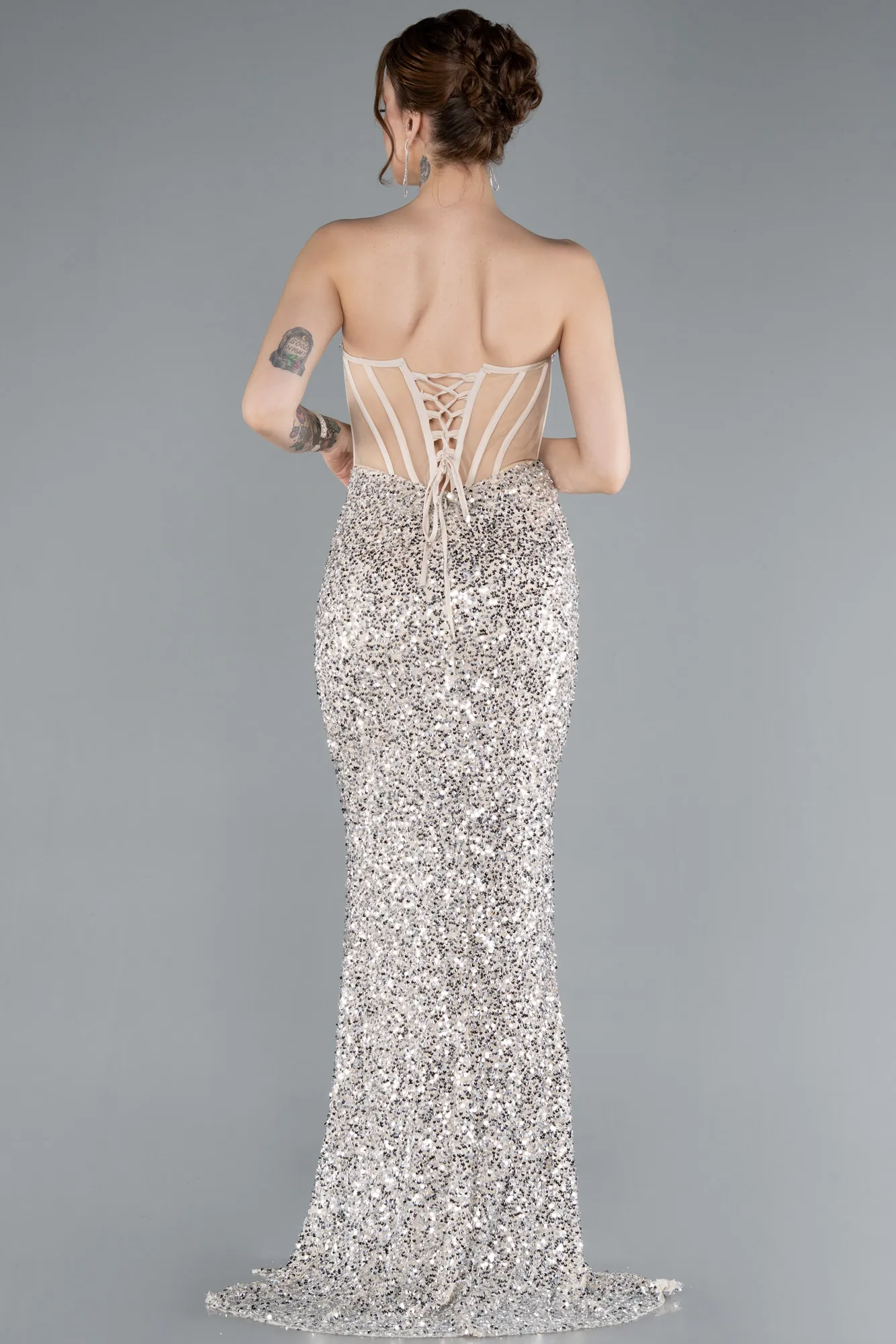 Beige-Strapless Slit Long Scaly Mermaid Prom Dress ABU4790