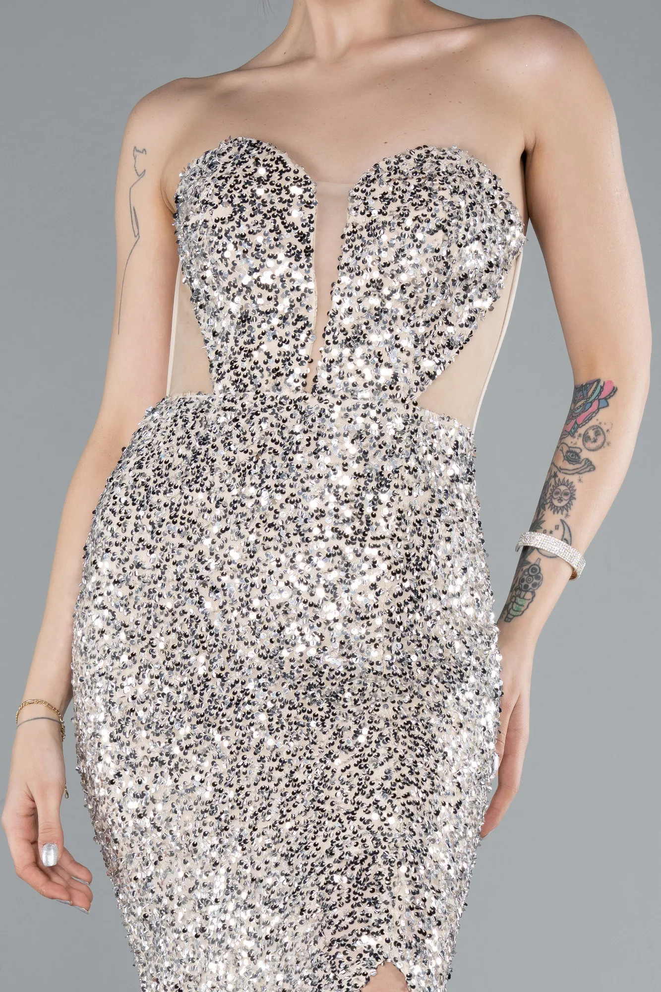 Beige-Strapless Slit Long Scaly Mermaid Prom Dress ABU4790