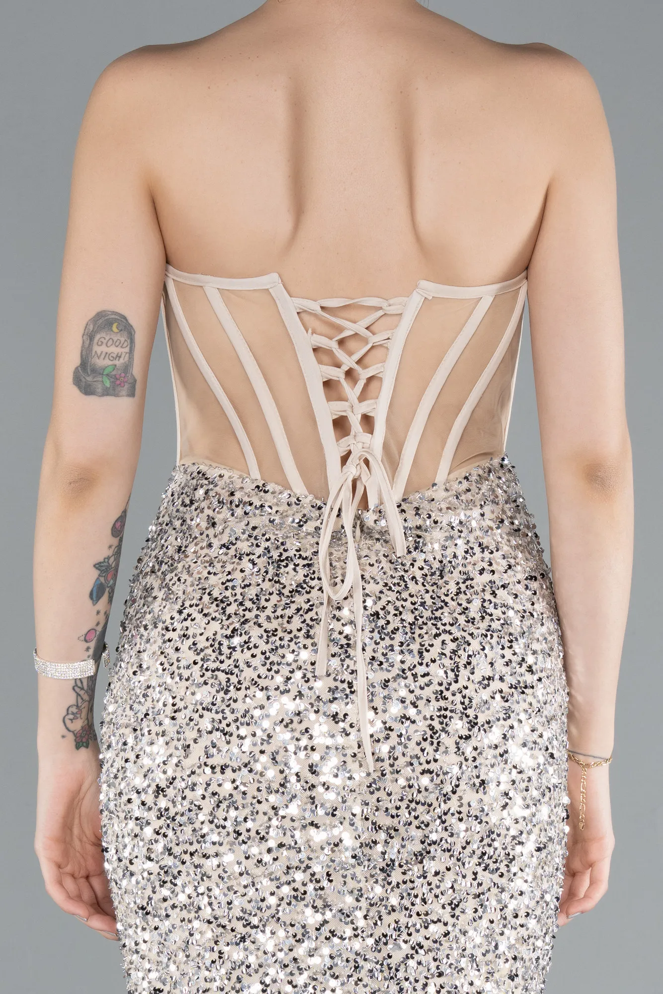 Beige-Strapless Slit Long Scaly Mermaid Prom Dress ABU4790