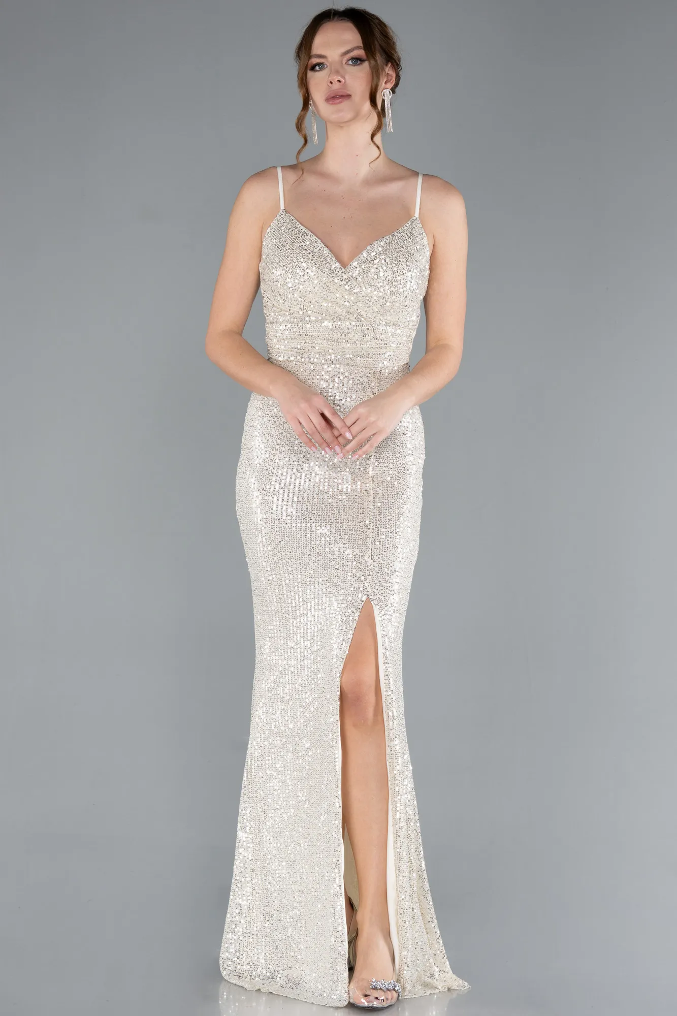 Beige-Straps Slit Long Sequined Evening Prom Dress ABU4780