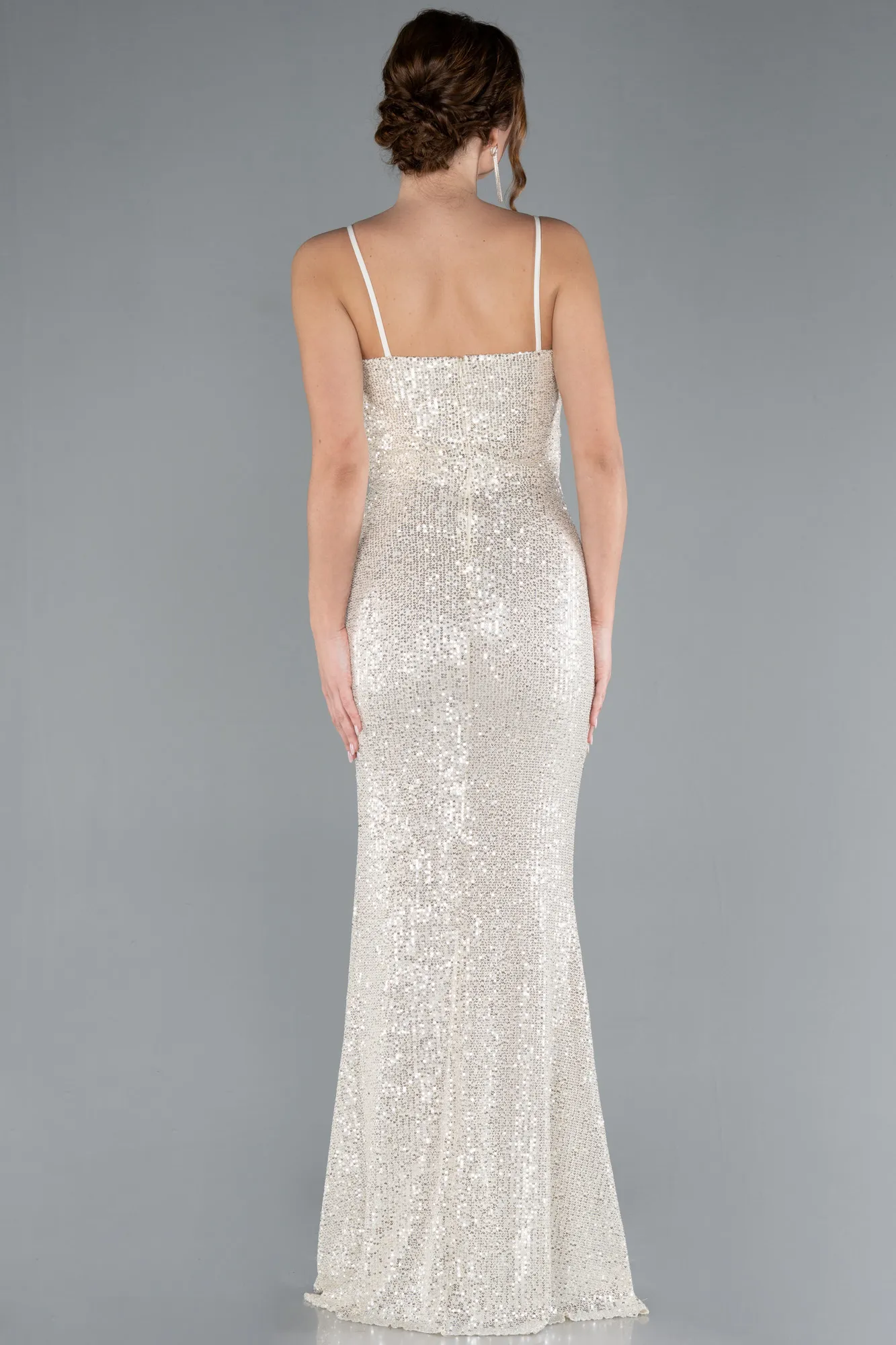 Beige-Straps Slit Long Sequined Evening Prom Dress ABU4780