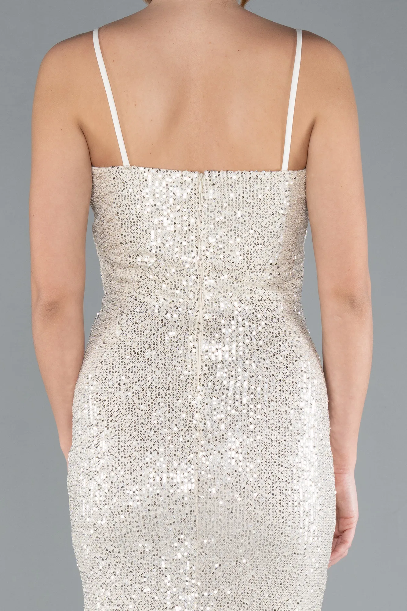 Beige-Straps Slit Long Sequined Evening Prom Dress ABU4780