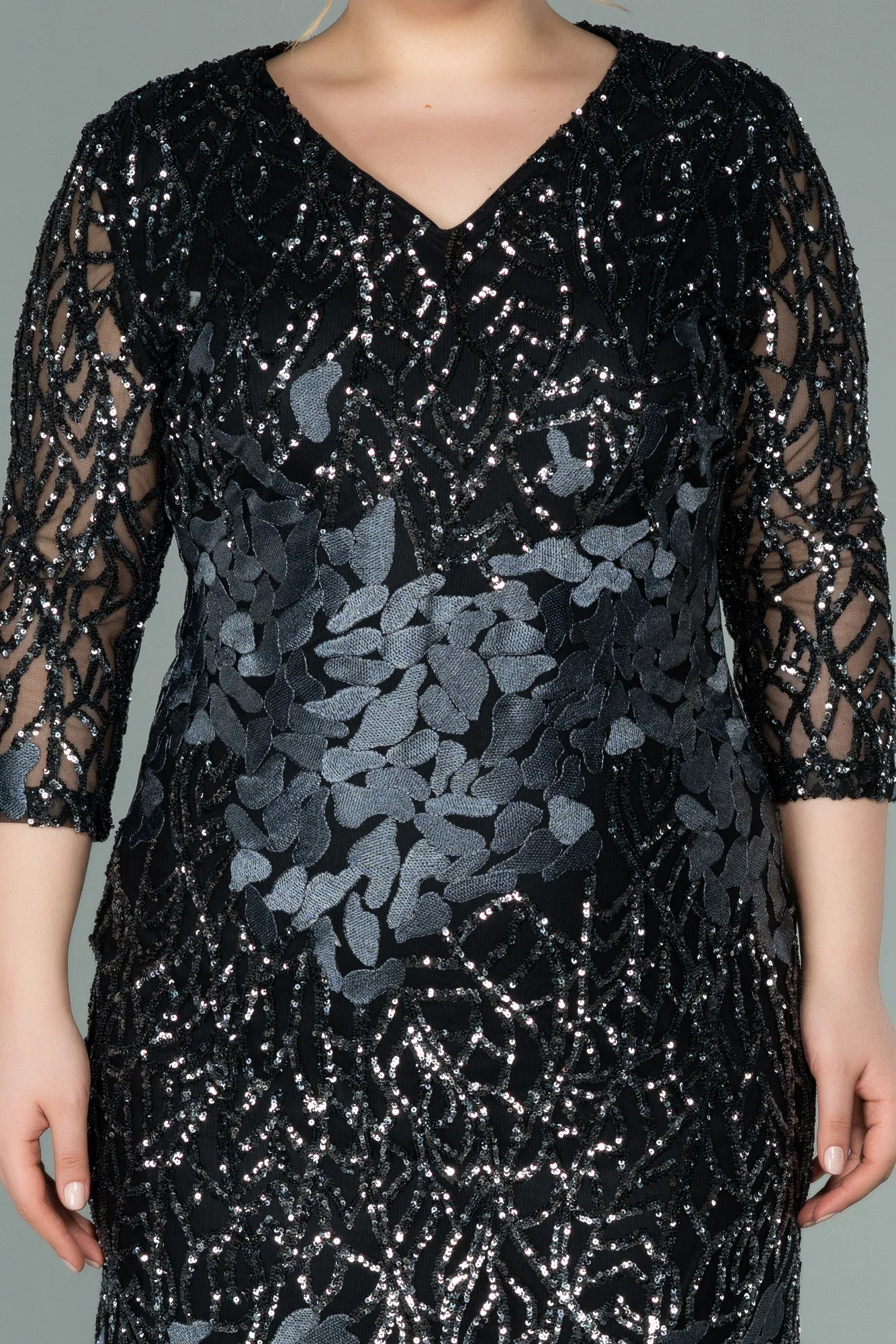 Black-Anthracite-Short Scaly Plus Size Evening Dress ABK1284