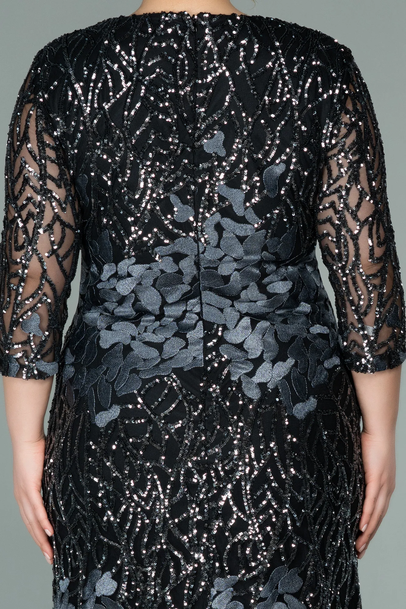 Black-Anthracite-Short Scaly Plus Size Evening Dress ABK1284