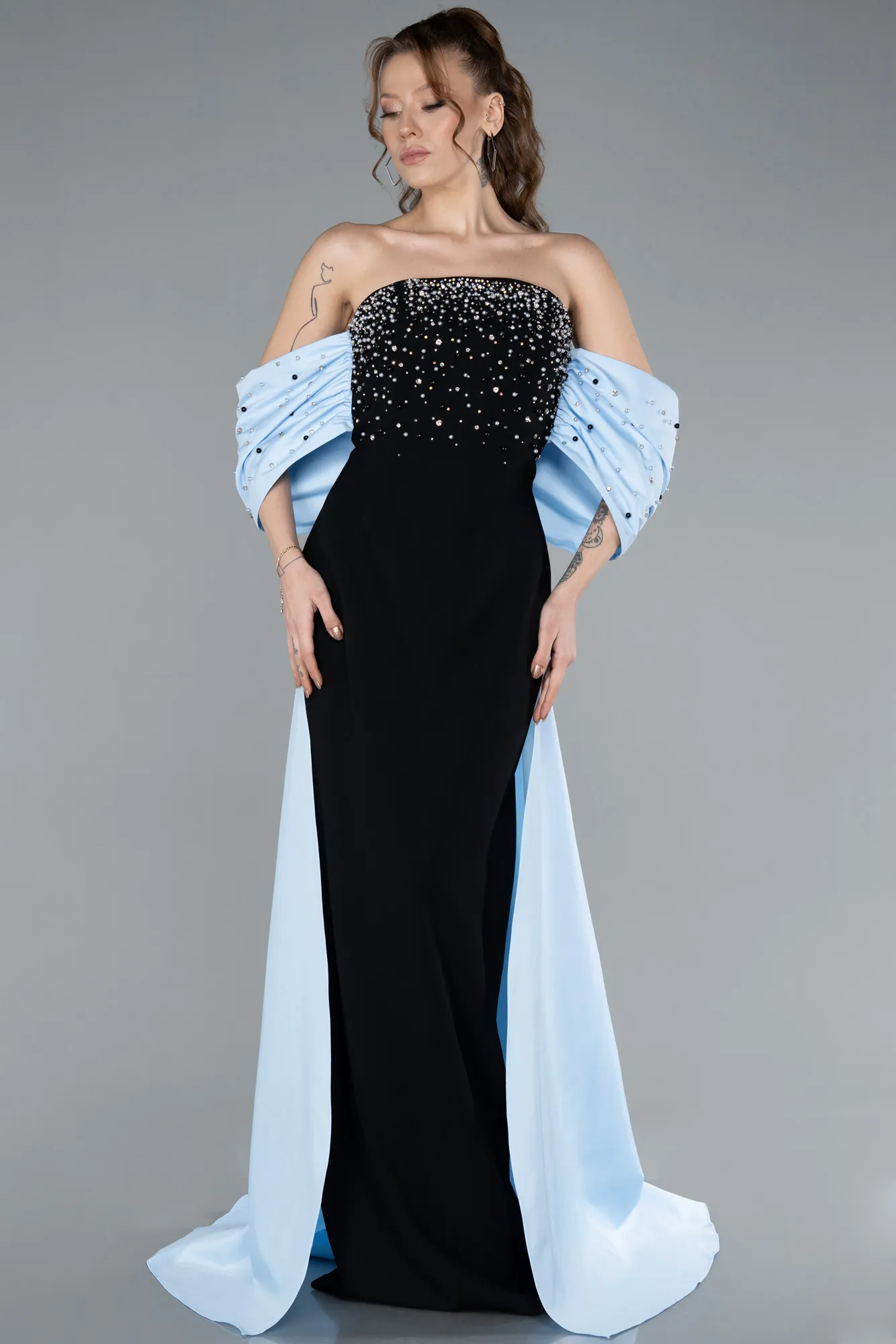 Black-Blue-Beaded Strapless Train Long Evening Gown ABU4701