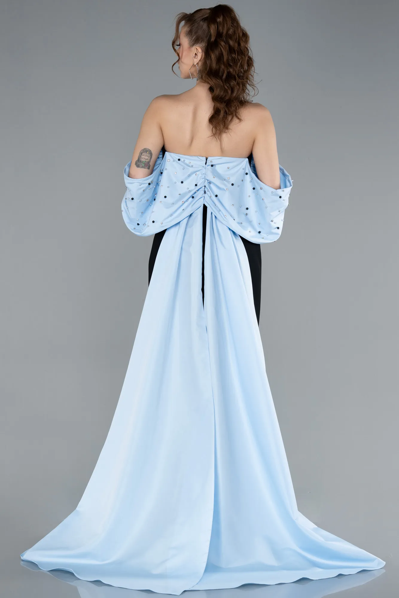 Black-Blue-Beaded Strapless Train Long Evening Gown ABU4701