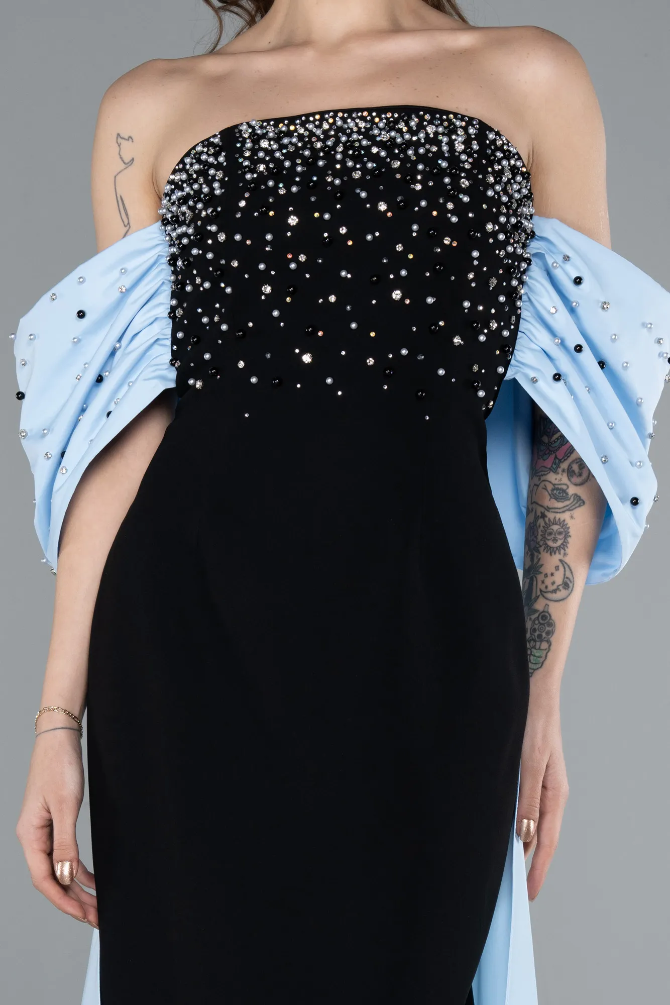 Black-Blue-Beaded Strapless Train Long Evening Gown ABU4701