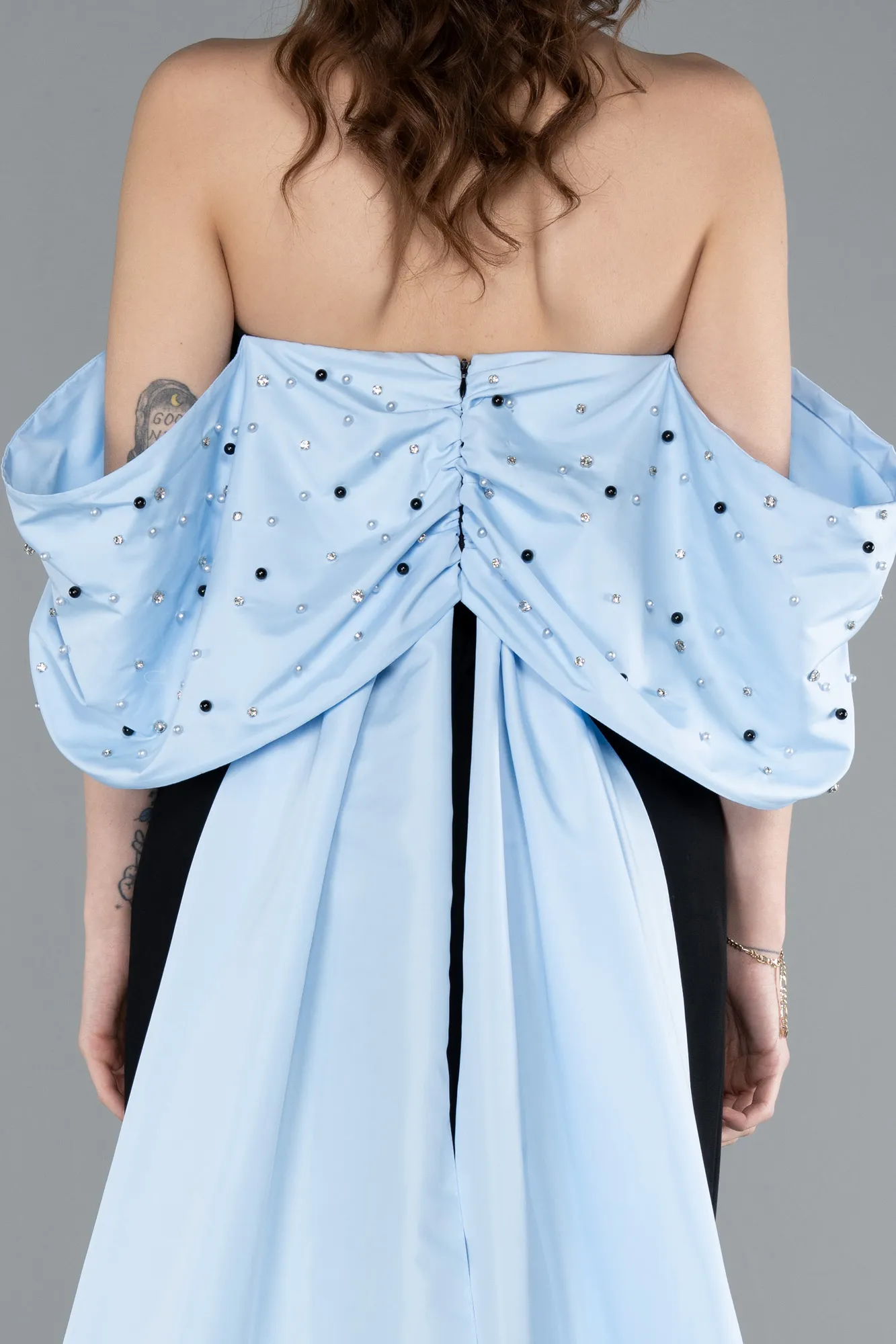 Black-Blue-Beaded Strapless Train Long Evening Gown ABU4701