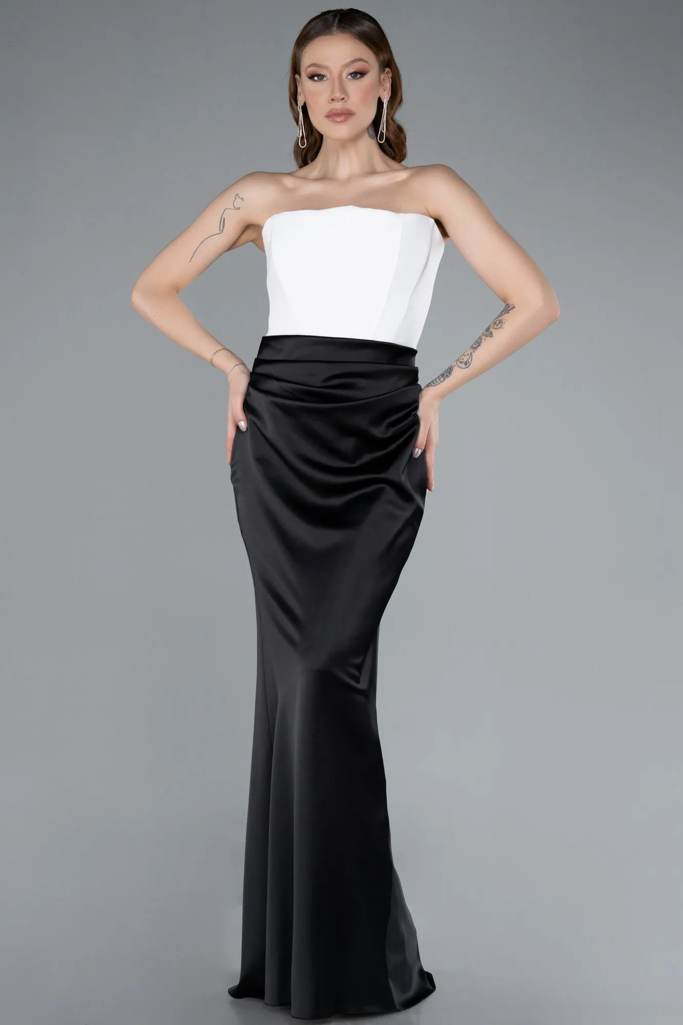 Black-Ecru-Strapless Underwire Long Satin Mermaid Evening Gown ABU4867