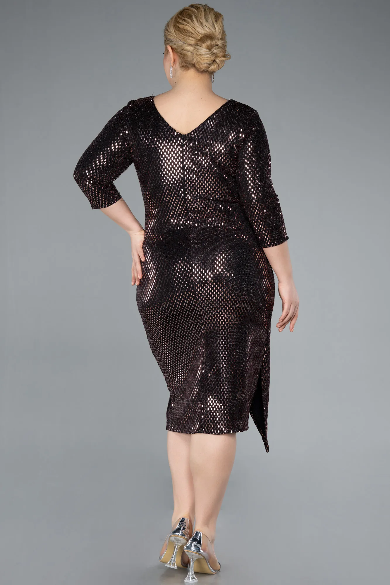 Black-Gold-Capri Sleeve V Neck Sequined Midi Plus Size Evening Dress ABK2329