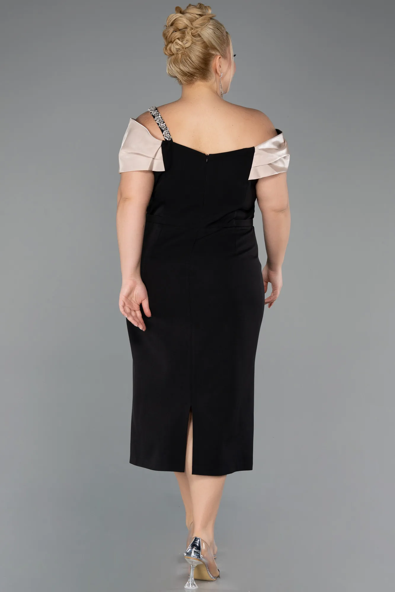 Black-Gold-Midi Plus Size Cocktail Dress ABK2463